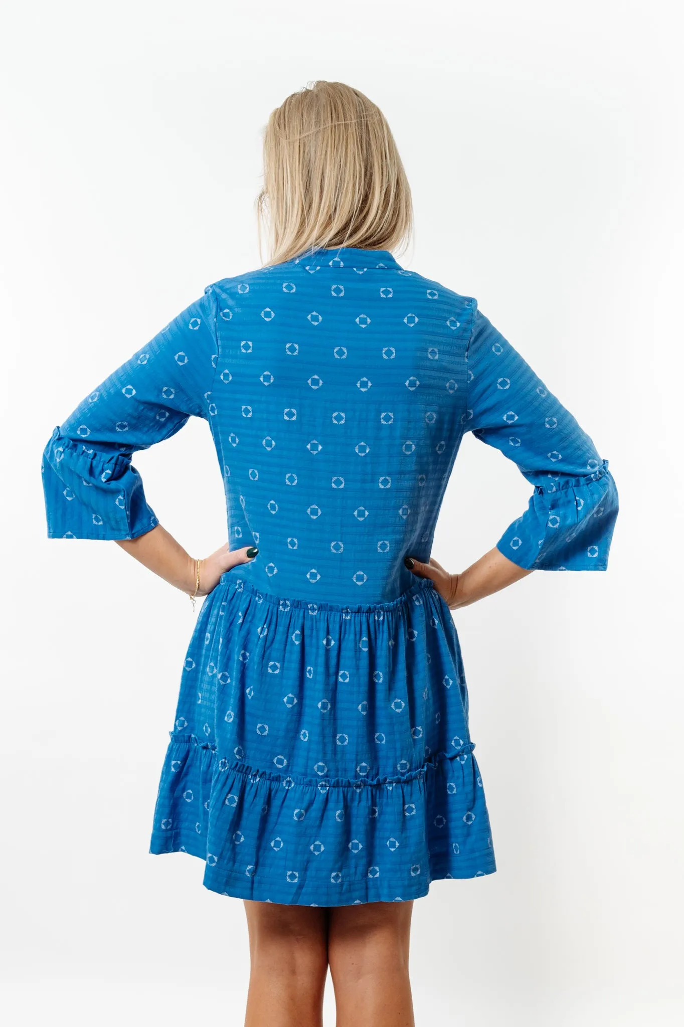 The Makayla Notch Neck Dress in Tidal Blue with White Motif