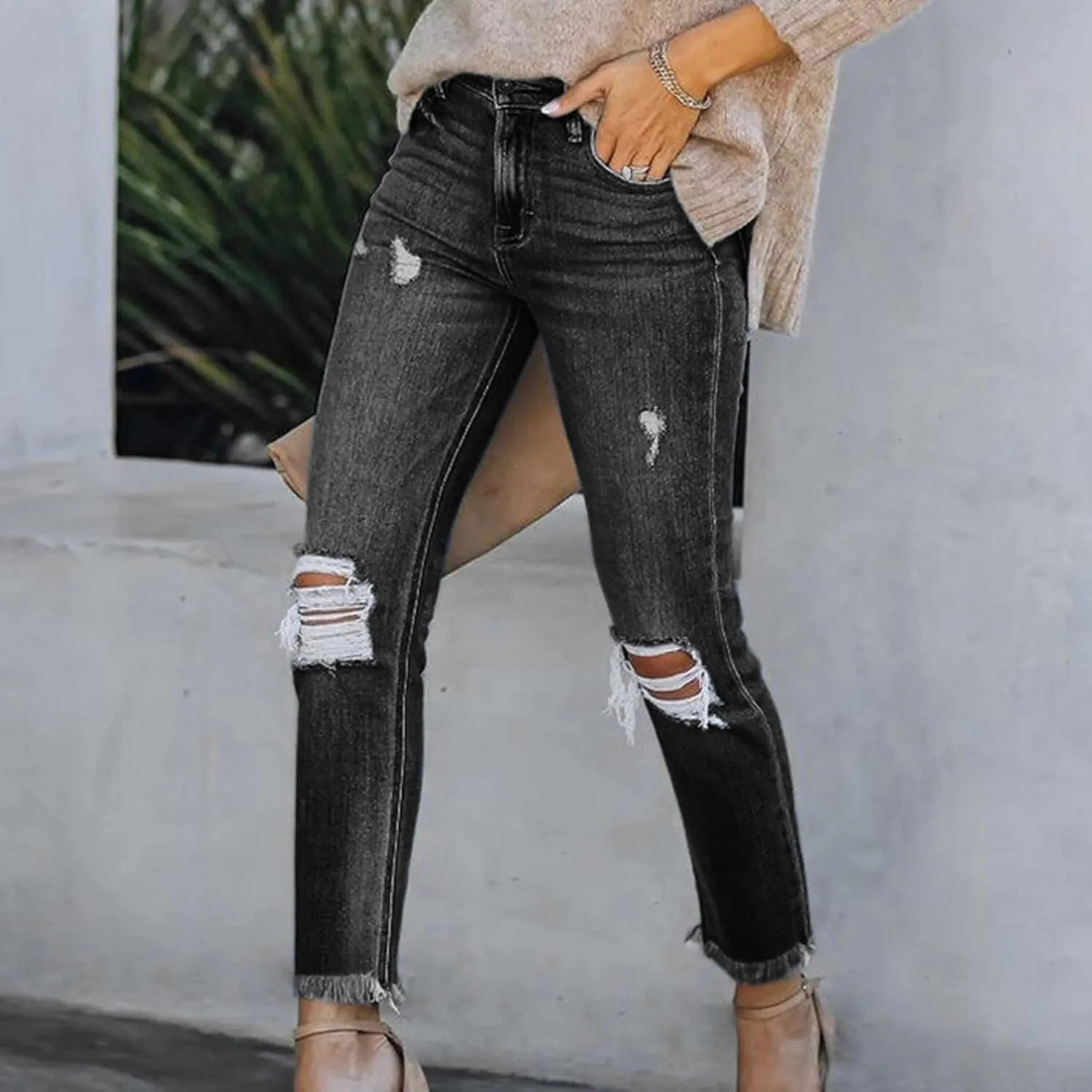 tuduoms Women Ripped Mid Rise Jeans Frayed Hem Denim Stretchy Skinny Jeans Fashion Boyfriend Distressed Ribbed Jegging Jeans