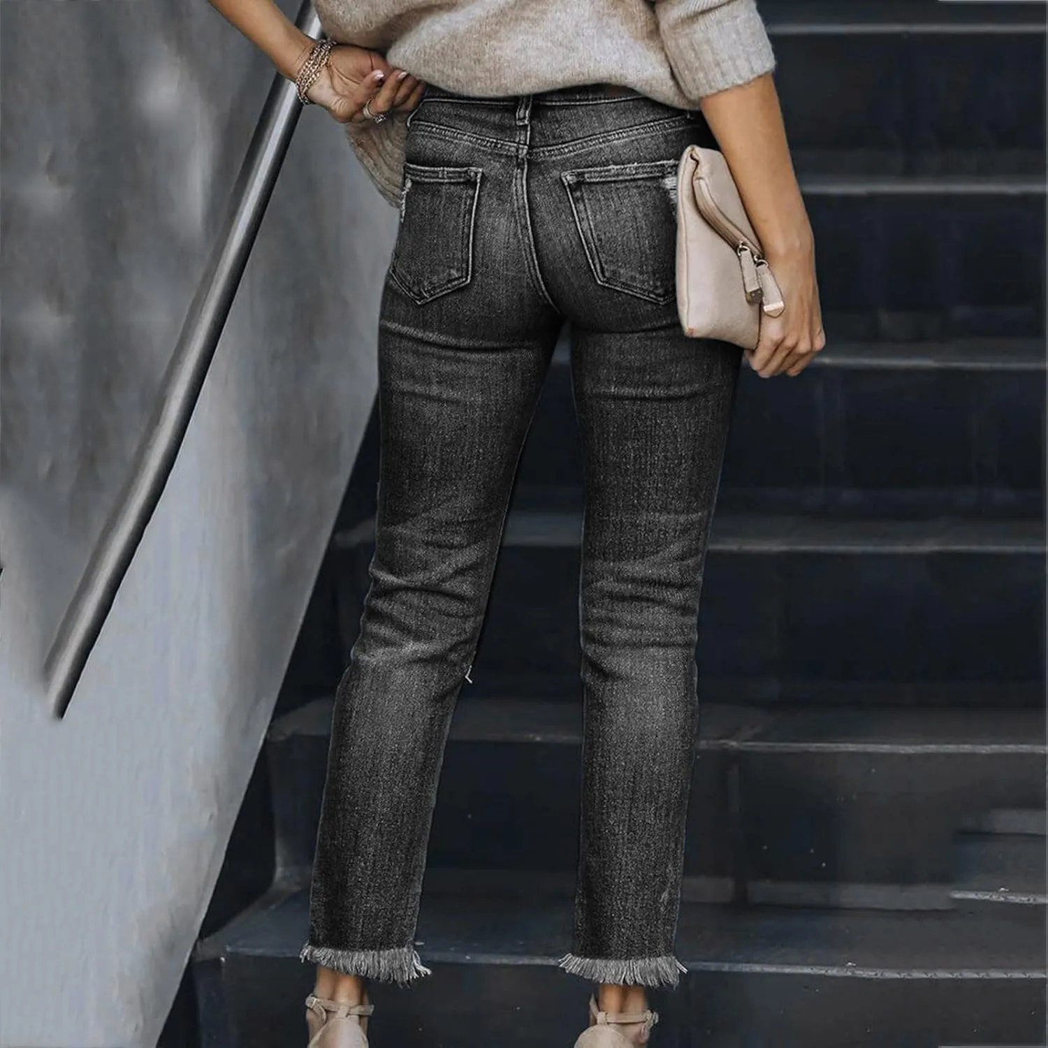 tuduoms Women Ripped Mid Rise Jeans Frayed Hem Denim Stretchy Skinny Jeans Fashion Boyfriend Distressed Ribbed Jegging Jeans