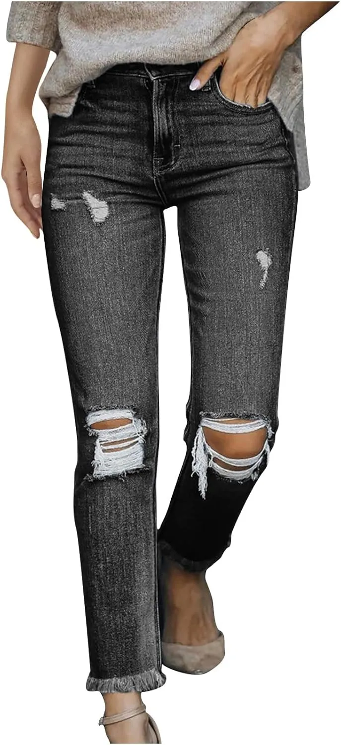 tuduoms Women Ripped Mid Rise Jeans Frayed Hem Denim Stretchy Skinny Jeans Fashion Boyfriend Distressed Ribbed Jegging Jeans