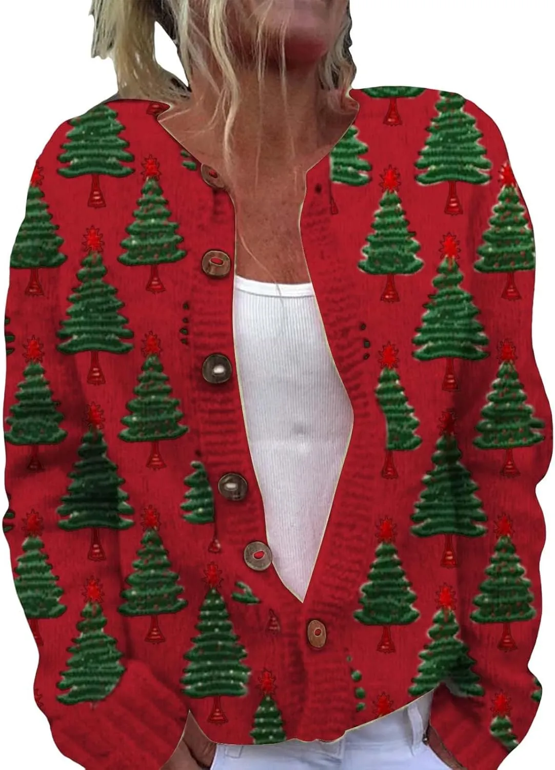 Ugly Christmas Sweater Floral Print Comfortable Knitted Cardigan Casual Oversized Knit Open Front Coatigan Plus Size