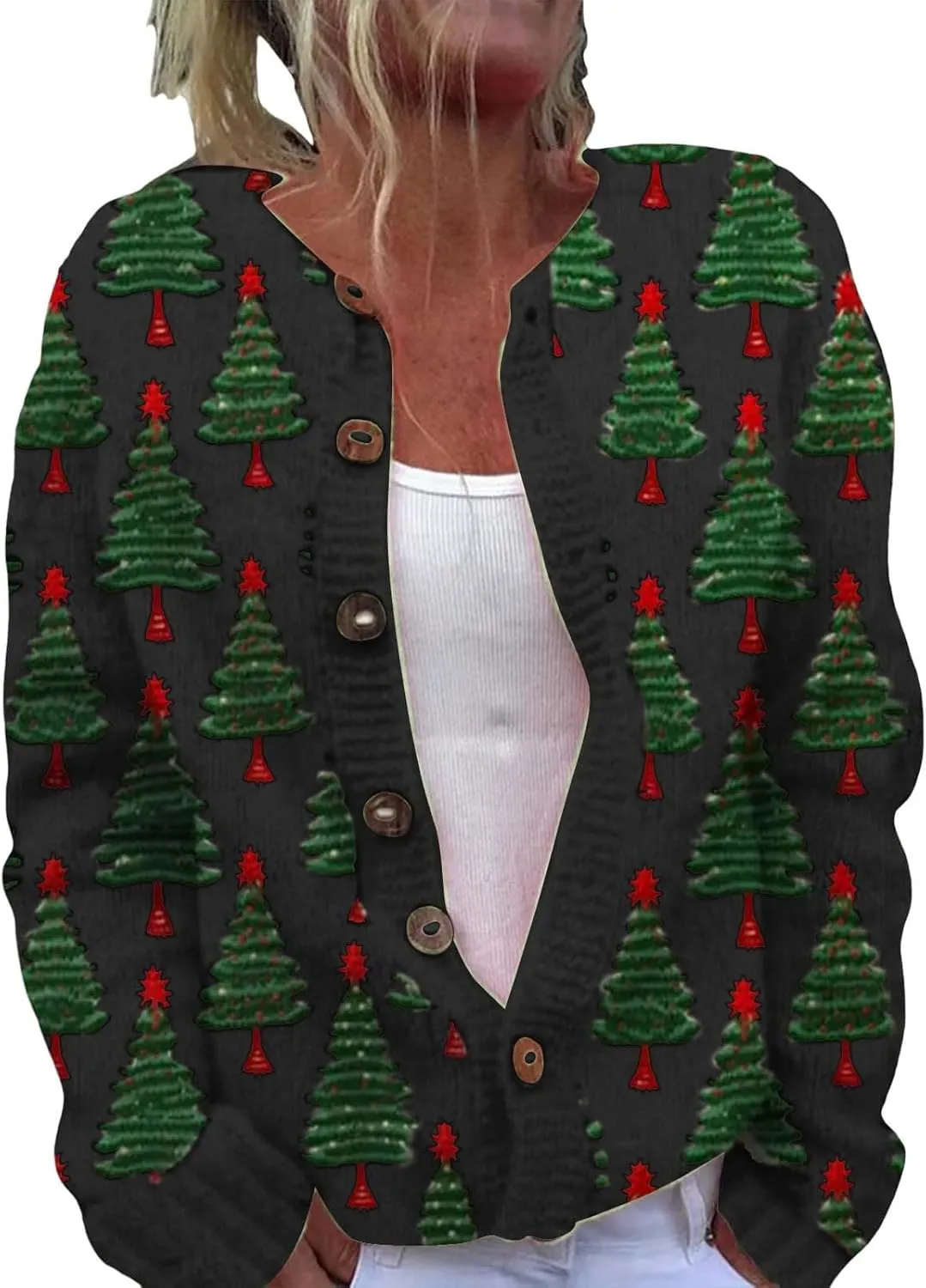 Ugly Christmas Sweater Floral Print Comfortable Knitted Cardigan Casual Oversized Knit Open Front Coatigan Plus Size