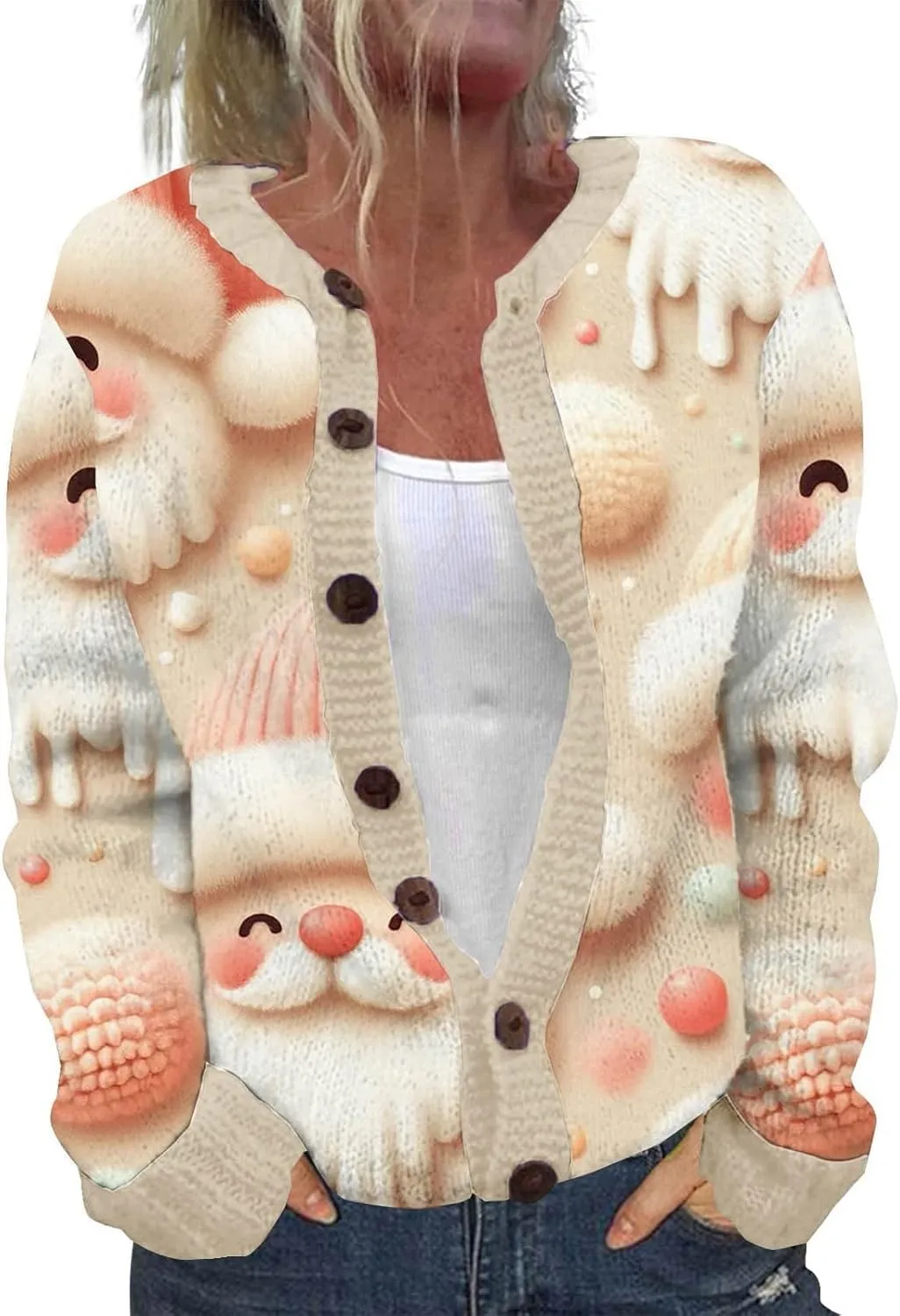 Ugly Christmas Sweater Floral Print Comfortable Knitted Cardigan Casual Oversized Knit Open Front Coatigan Plus Size
