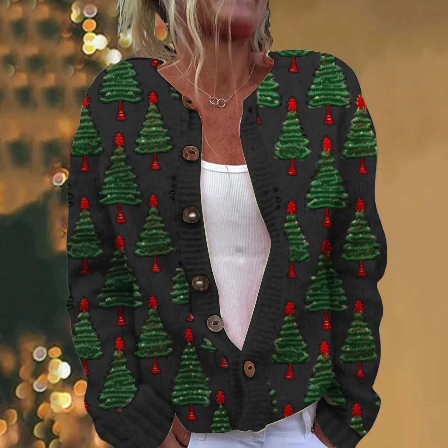 Ugly Christmas Sweater Floral Print Comfortable Knitted Cardigan Casual Oversized Knit Open Front Coatigan Plus Size