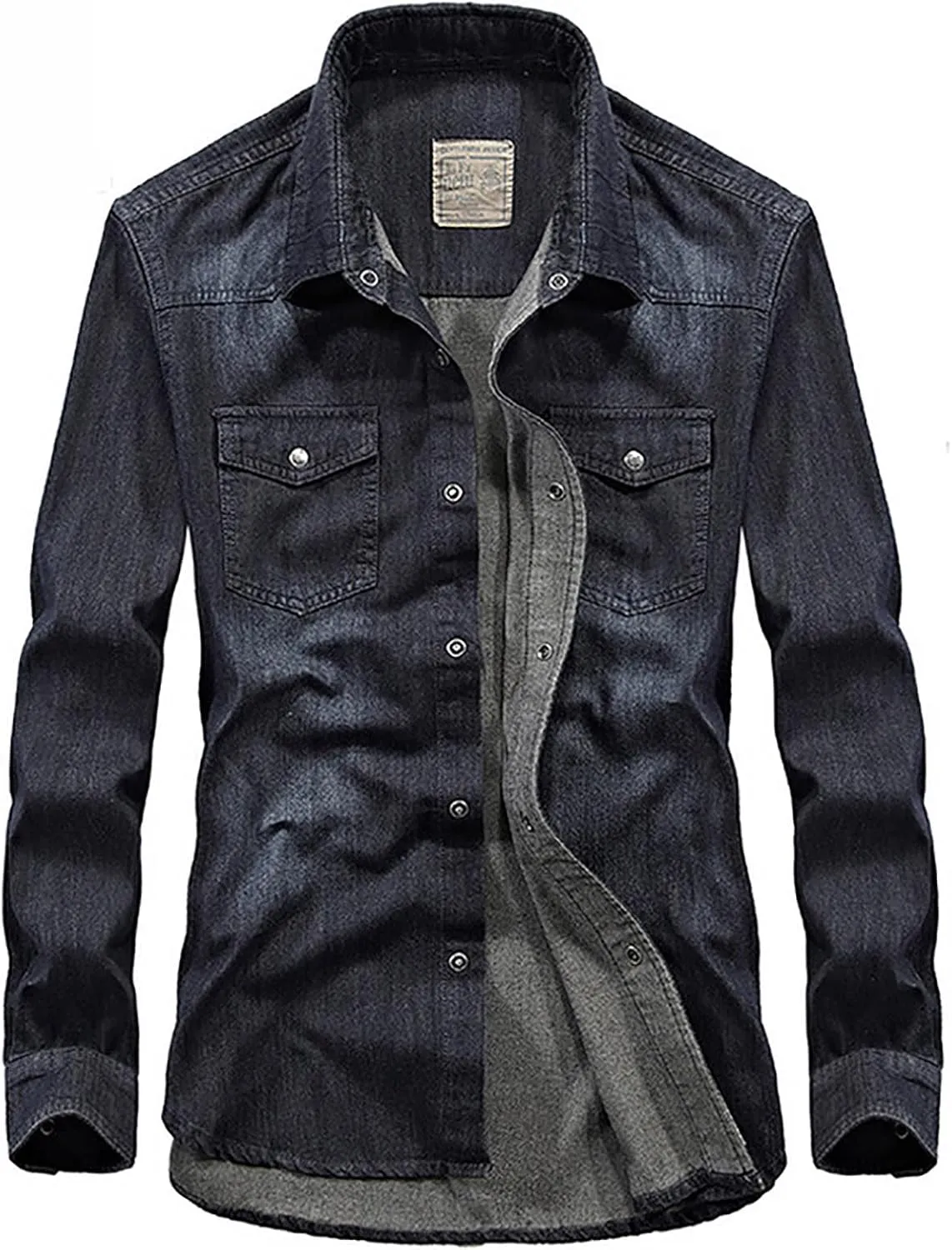 utcoco Men's Casual Slim Fit Long Sleeve Lapel Button Down Denim Shirt with Chest Pockets
