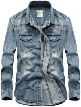 utcoco Men's Casual Slim Fit Long Sleeve Lapel Button Down Denim Shirt with Chest Pockets