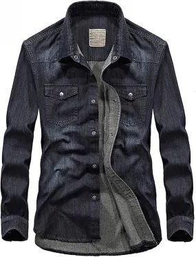 utcoco Men's Casual Slim Fit Long Sleeve Lapel Button Down Denim Shirt with Chest Pockets