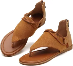 Vintage Style Suede Brown Gladiator Summer Flat Sandals