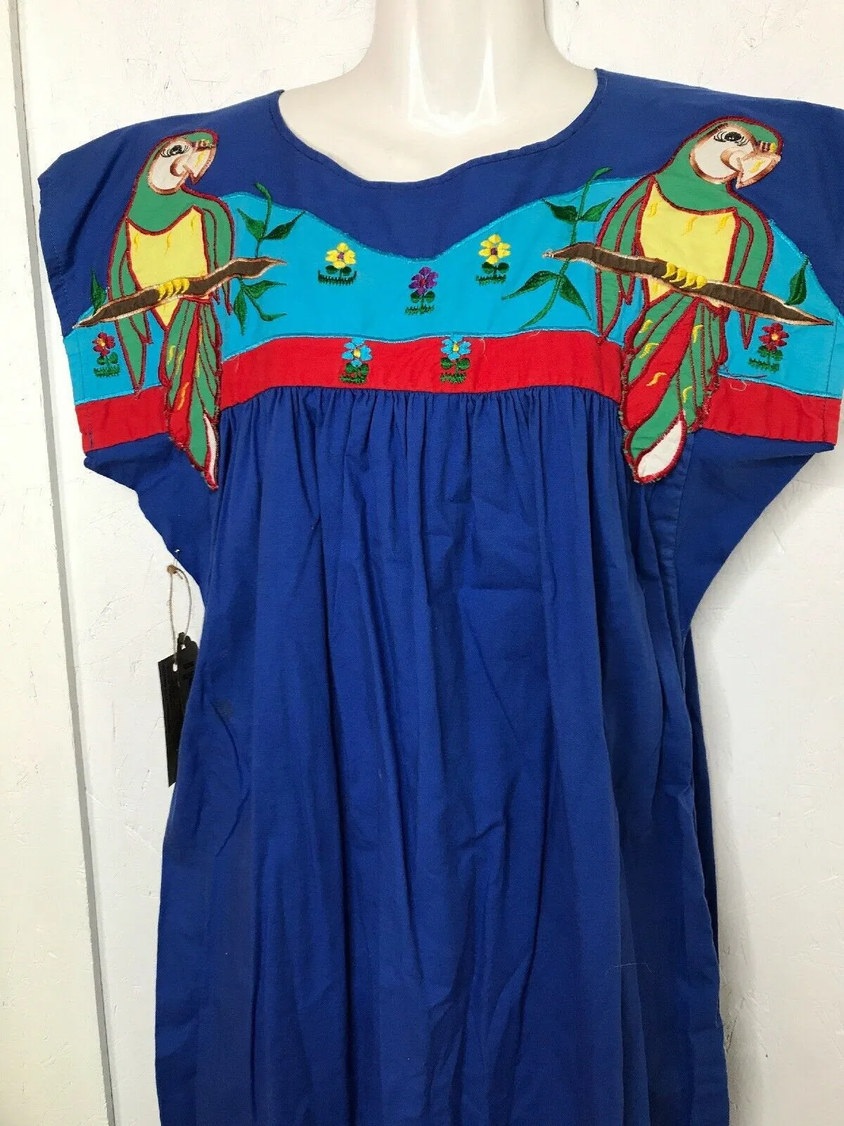 VTG 70s Mexican MuuMuu Ethnic Hand Woven Embroidered Parrot Caftan Huipil Dress