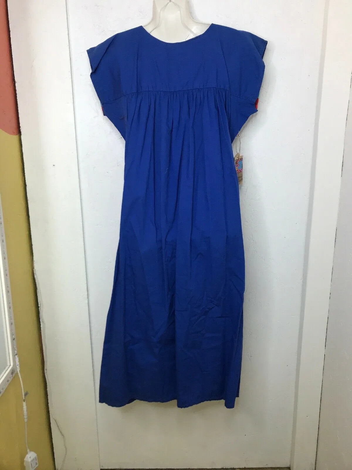 VTG 70s Mexican MuuMuu Ethnic Hand Woven Embroidered Parrot Caftan Huipil Dress