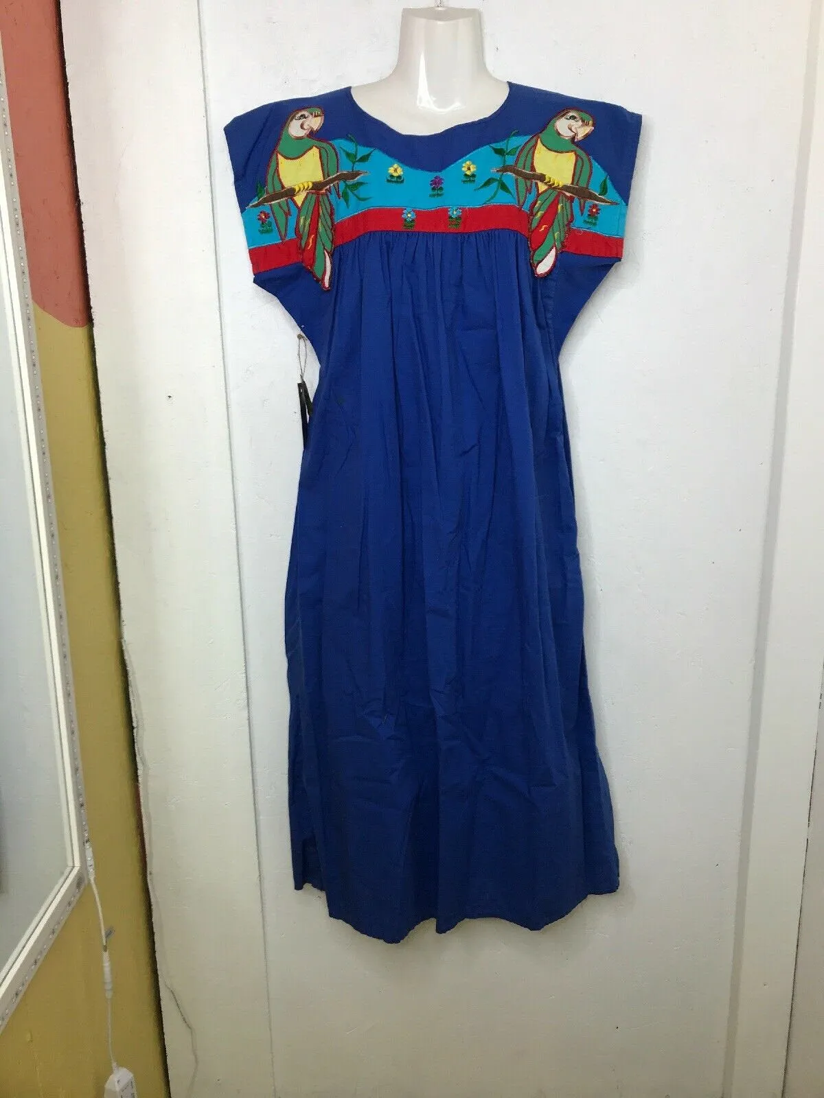 VTG 70s Mexican MuuMuu Ethnic Hand Woven Embroidered Parrot Caftan Huipil Dress