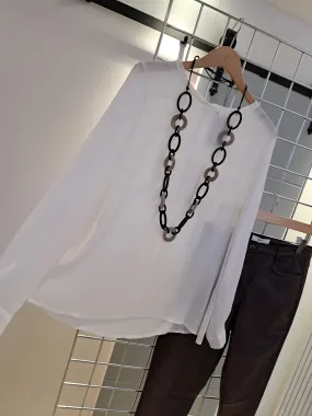 White semi sheer boat neck silk mix blouse