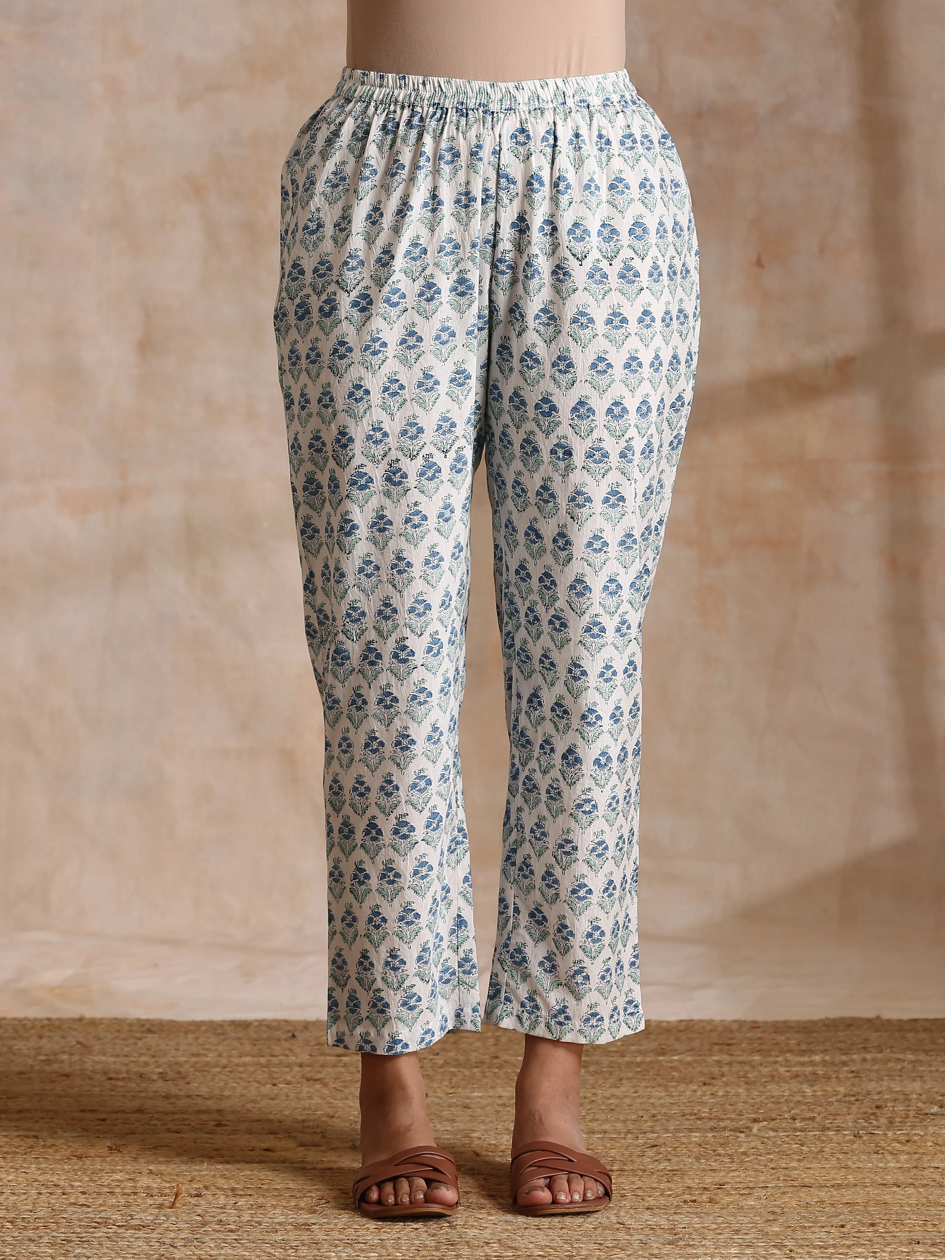 White With Blue Green Buta Print Cotton Flared Kurta Pant Set