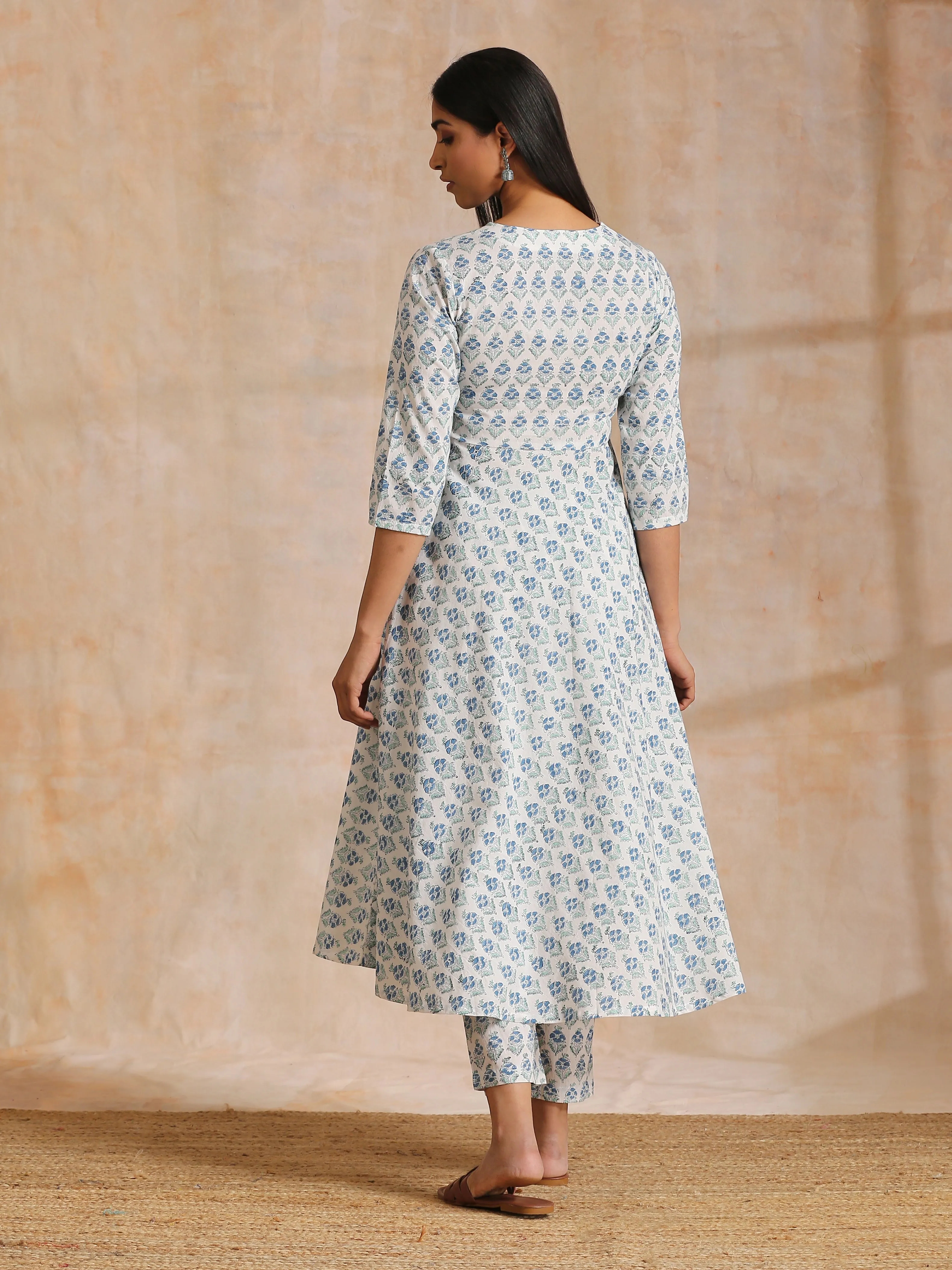 White With Blue Green Buta Print Cotton Flared Kurta Pant Set