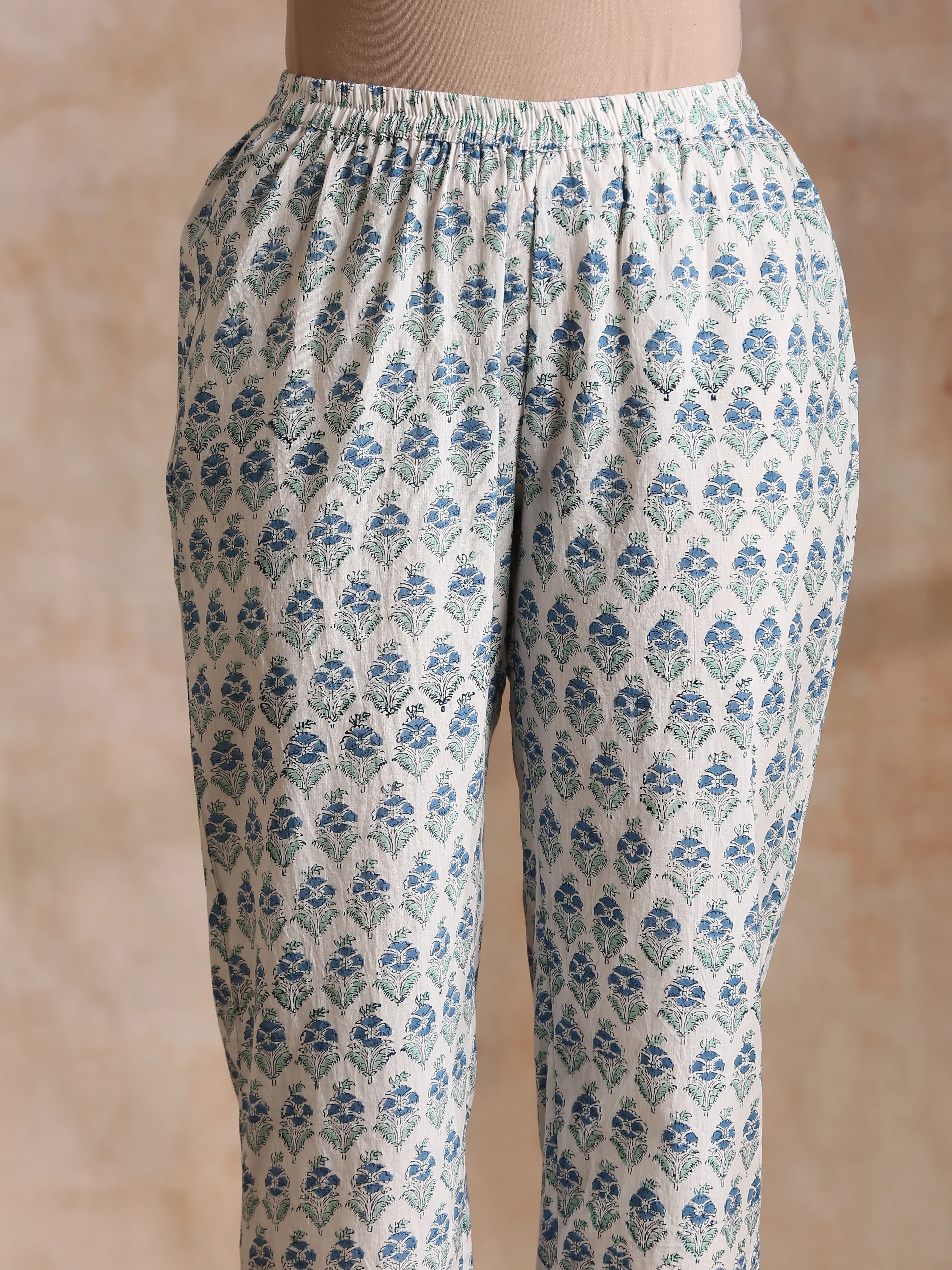 White With Blue Green Buta Print Cotton Flared Kurta Pant Set