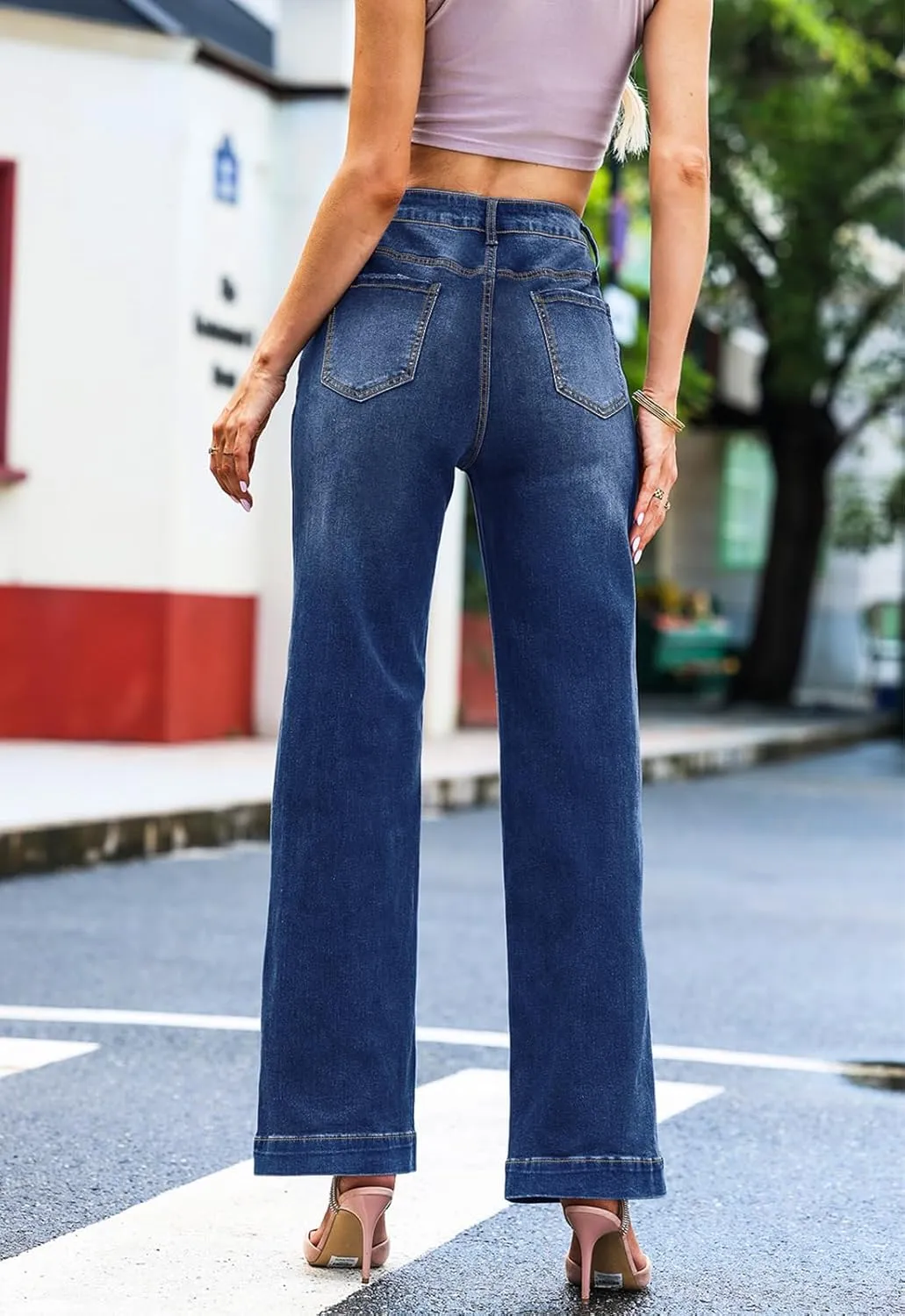 Wide Leg Jeans for Women Mid-Rise Stretchy Baggy Jeans Distressed Denim Pants Trendy
