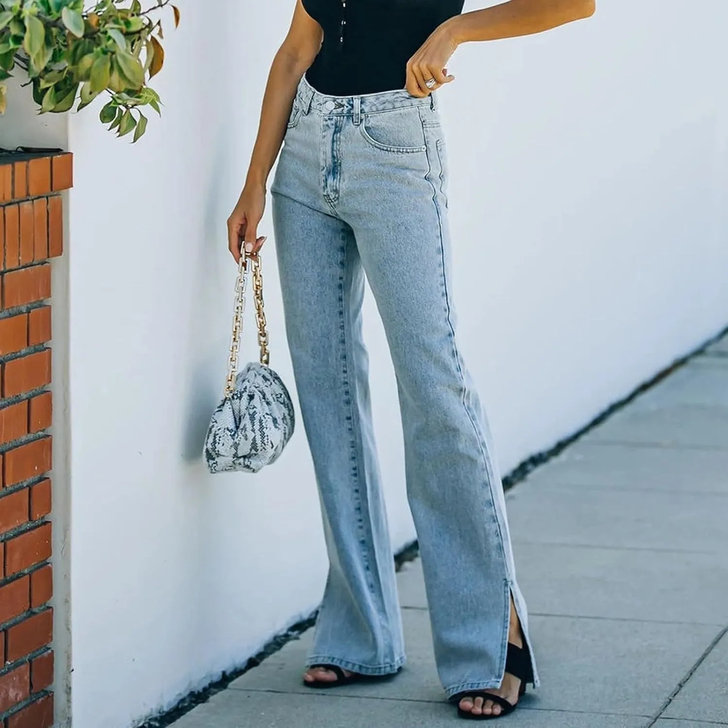 Wide Leg Jeans Woman High Waisted Split Ripped Jeans Trendy Zip Straight Leg Jeans Baggy Stretchy Jeans with Pockets