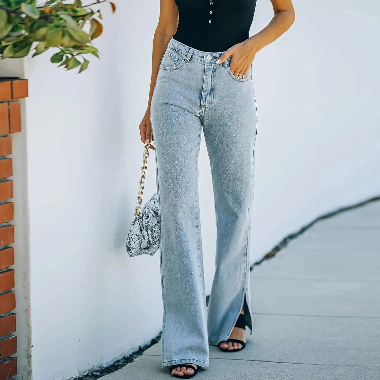 Wide Leg Jeans Woman High Waisted Split Ripped Jeans Trendy Zip Straight Leg Jeans Baggy Stretchy Jeans with Pockets