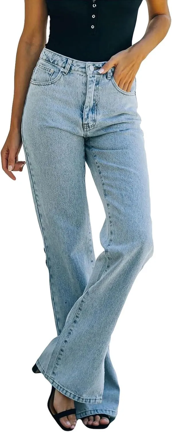 Wide Leg Jeans Woman High Waisted Split Ripped Jeans Trendy Zip Straight Leg Jeans Baggy Stretchy Jeans with Pockets