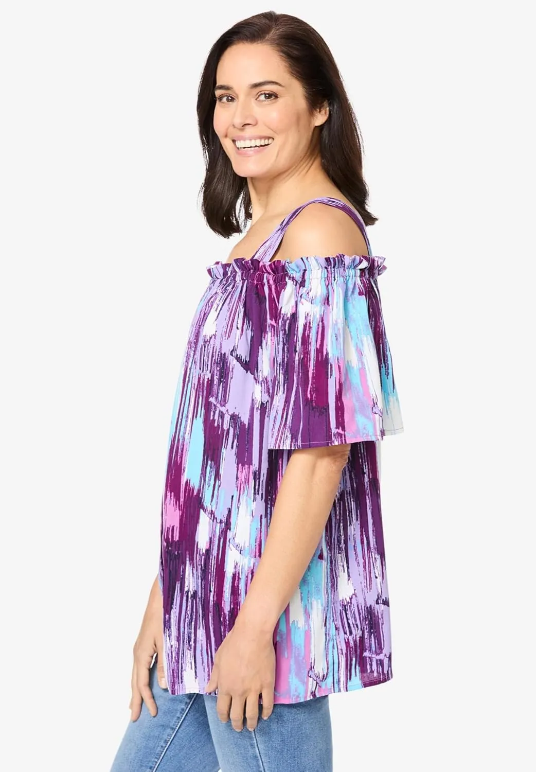 Woman Within Women's Plus Size Printed Cold-Shoulder Blouse