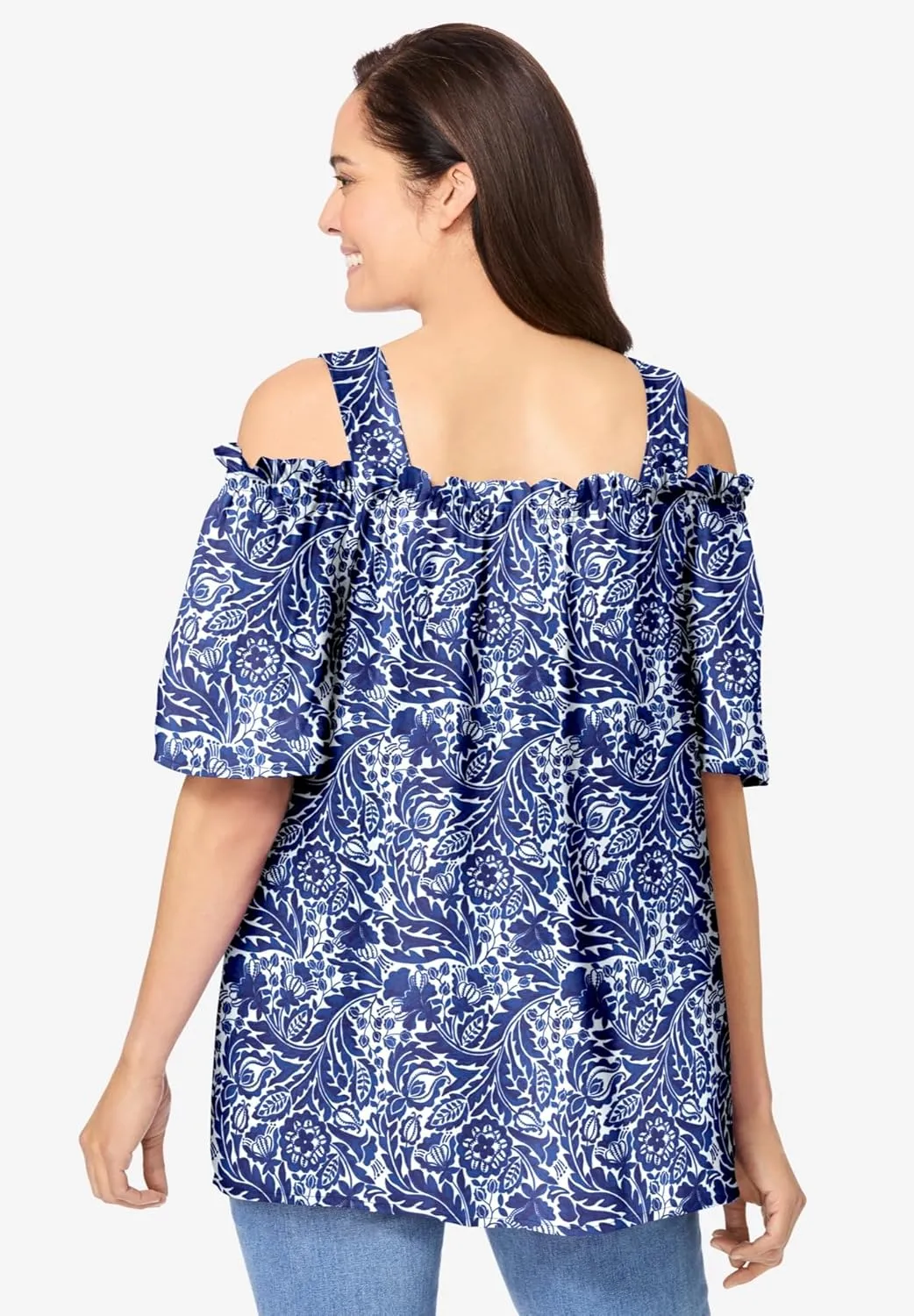 Woman Within Women's Plus Size Printed Cold-Shoulder Blouse