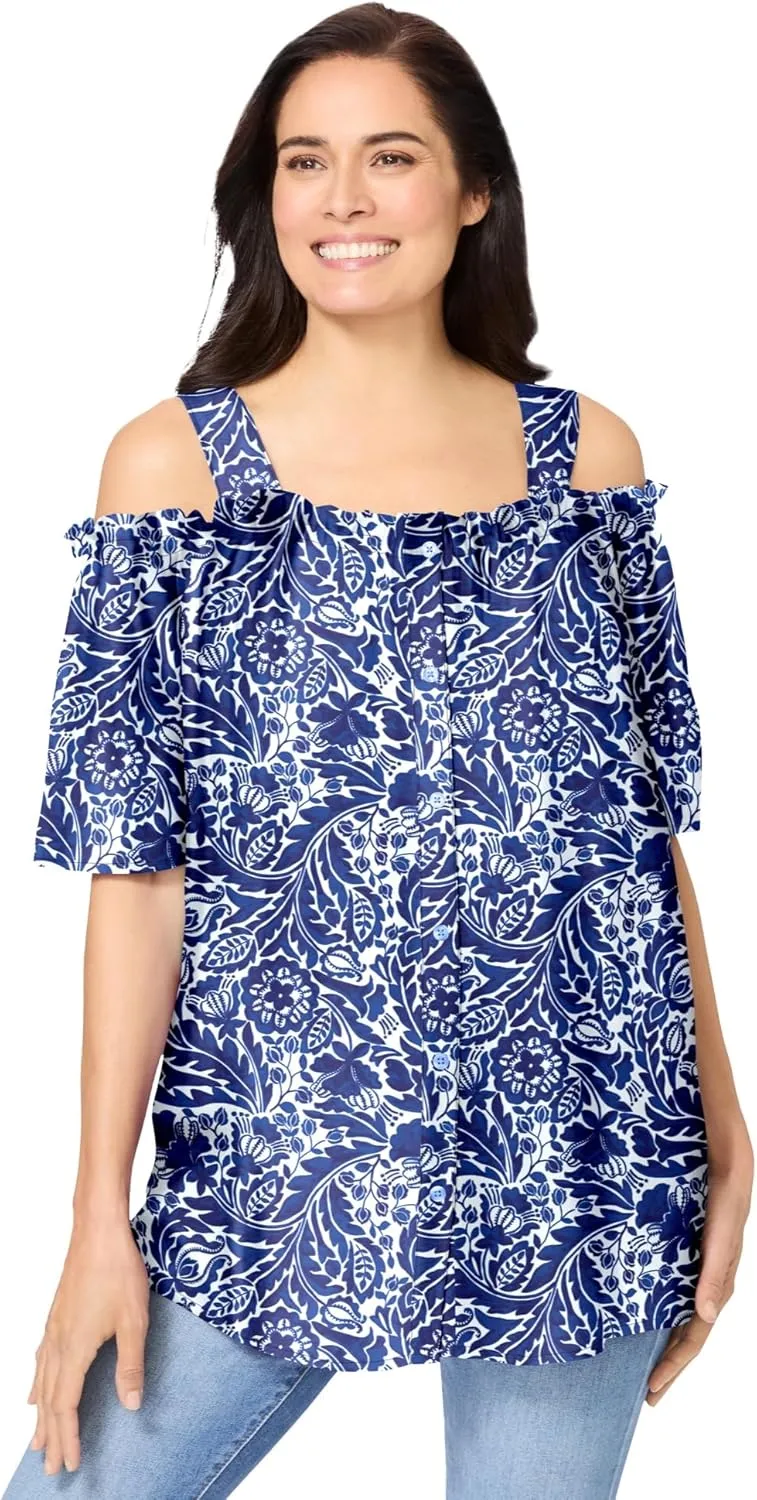 Woman Within Women's Plus Size Printed Cold-Shoulder Blouse