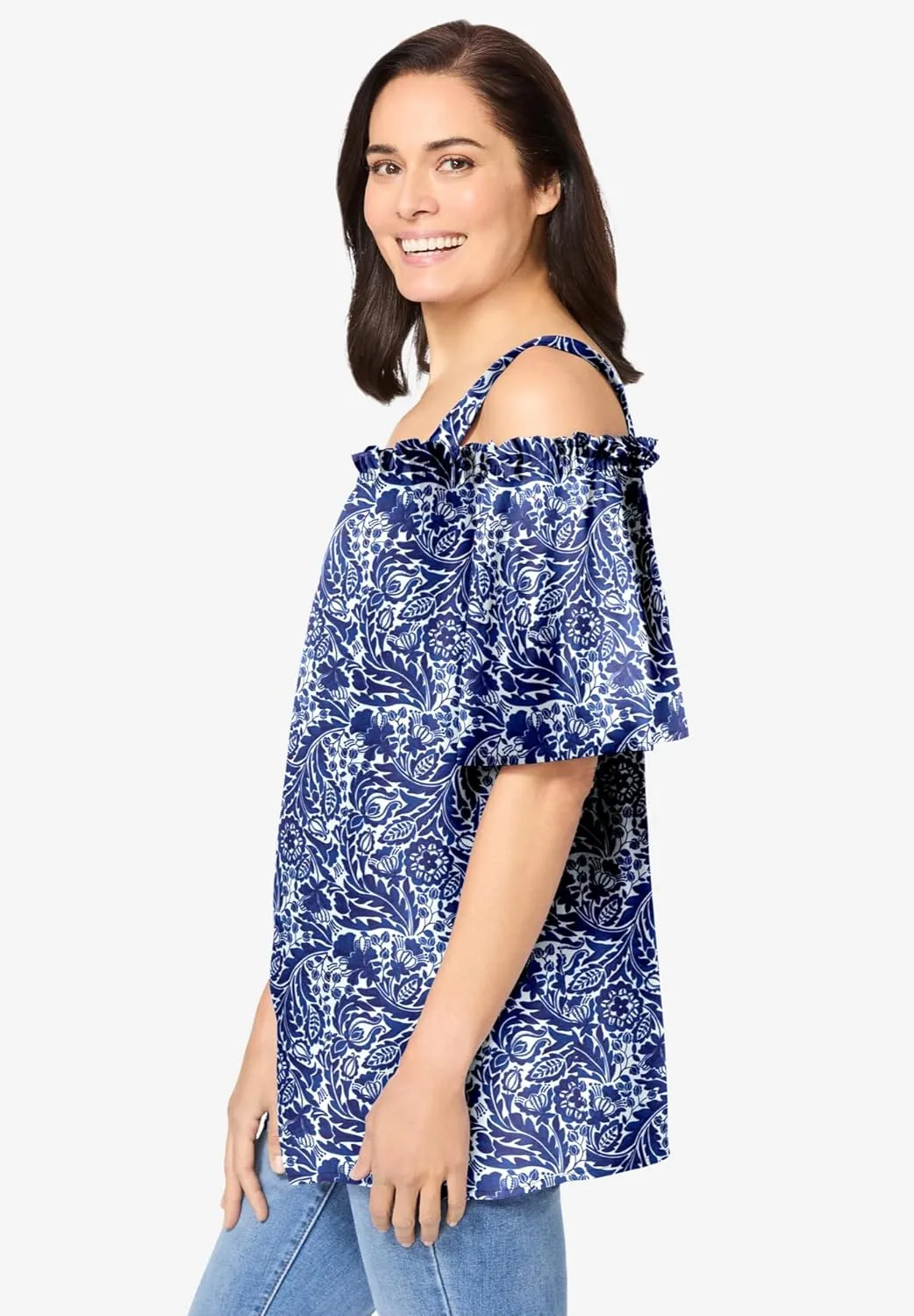 Woman Within Women's Plus Size Printed Cold-Shoulder Blouse