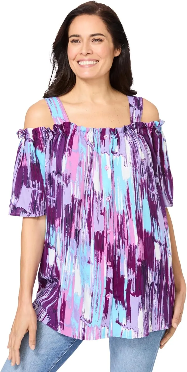 Woman Within Women's Plus Size Printed Cold-Shoulder Blouse