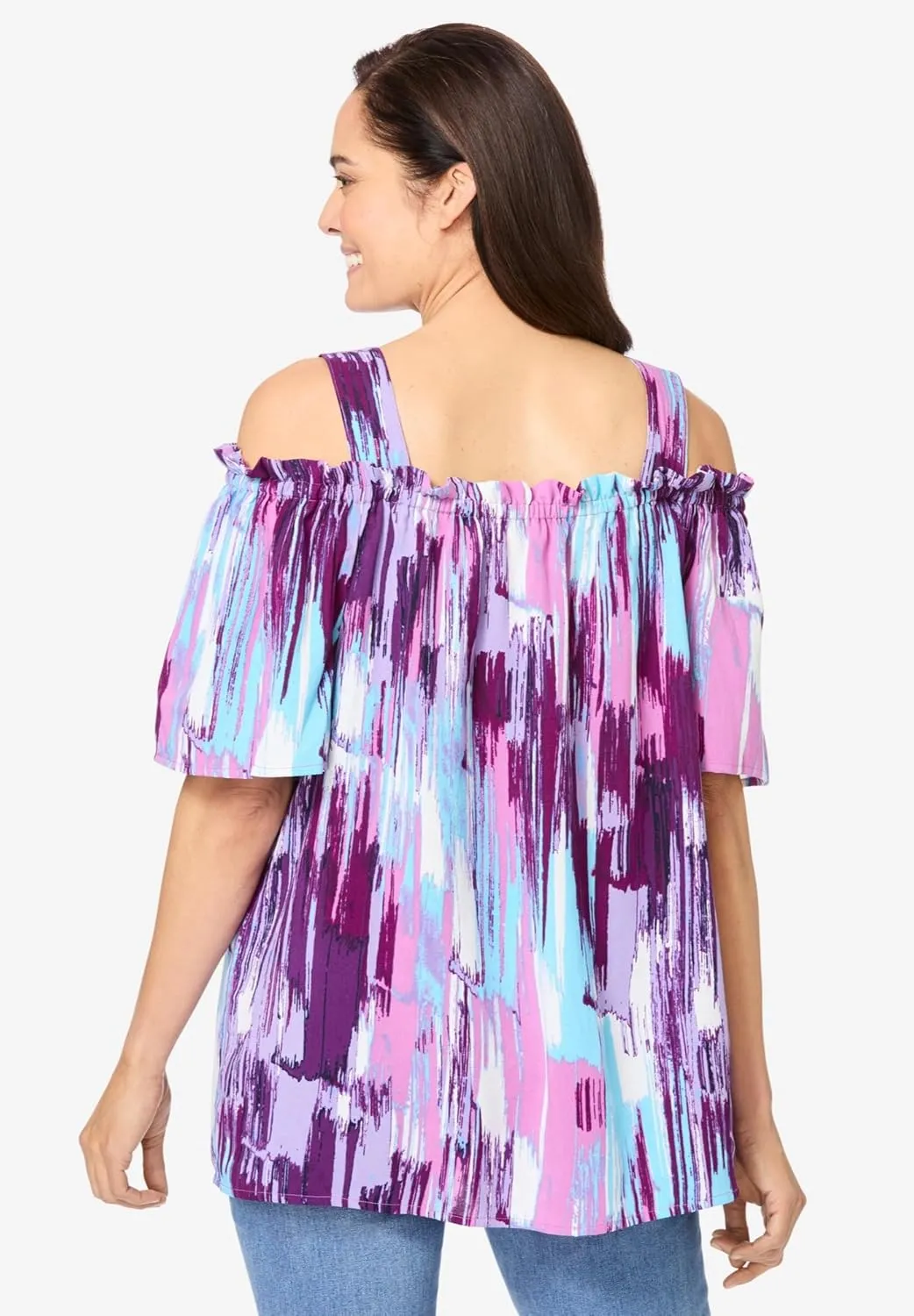Woman Within Women's Plus Size Printed Cold-Shoulder Blouse