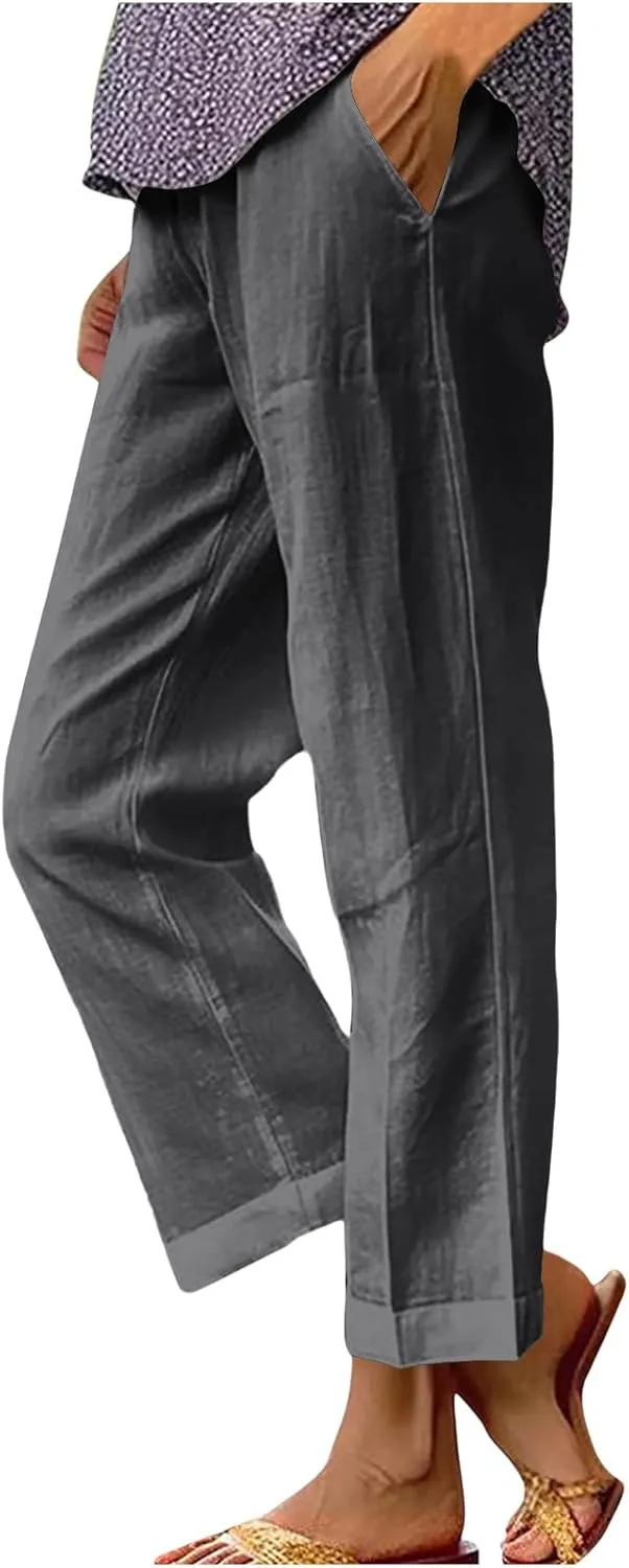 Women Cotton Linen Lounge Pants Comfy Elastic Waist Summer Beach Vacation Slacks 2025 Stylish Casual Trousers