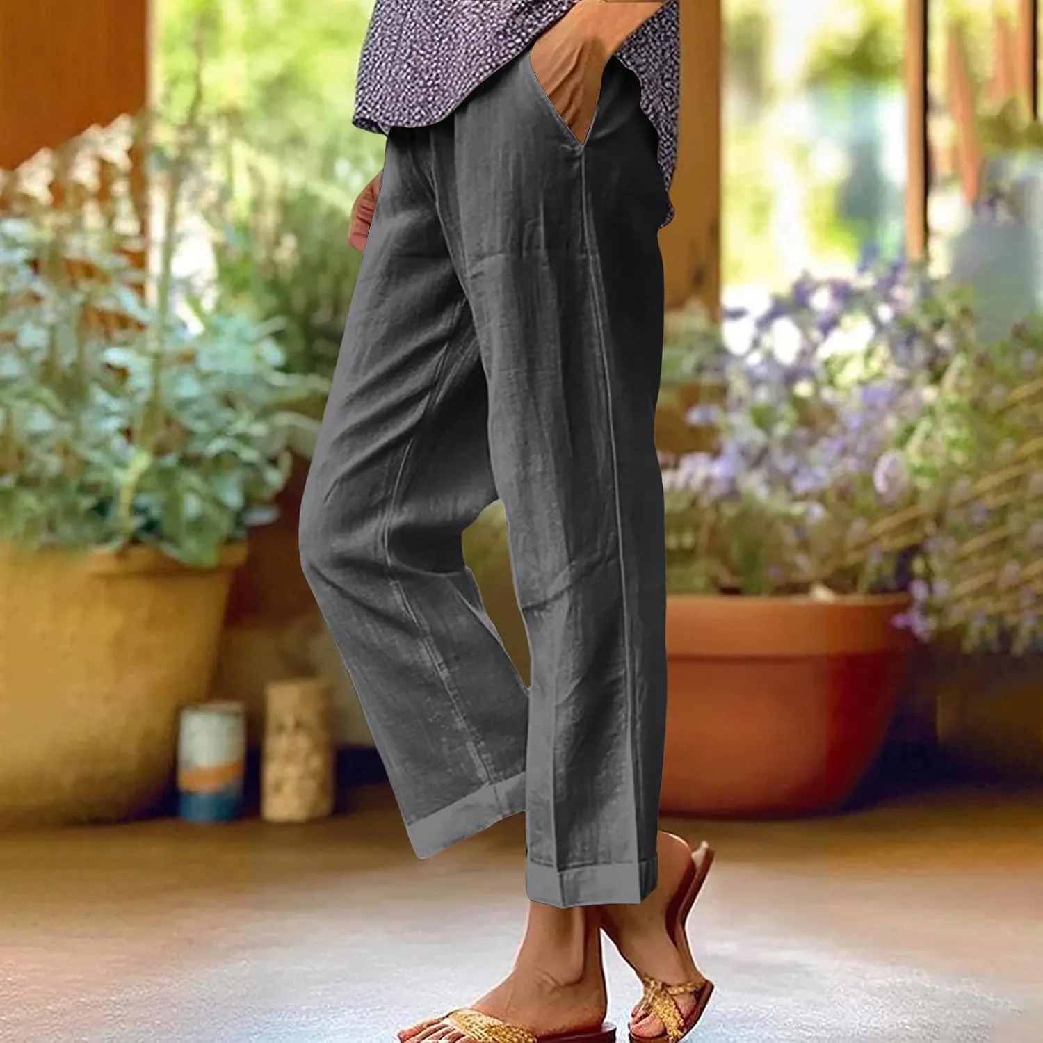 Women Cotton Linen Lounge Pants Comfy Elastic Waist Summer Beach Vacation Slacks 2025 Stylish Casual Trousers