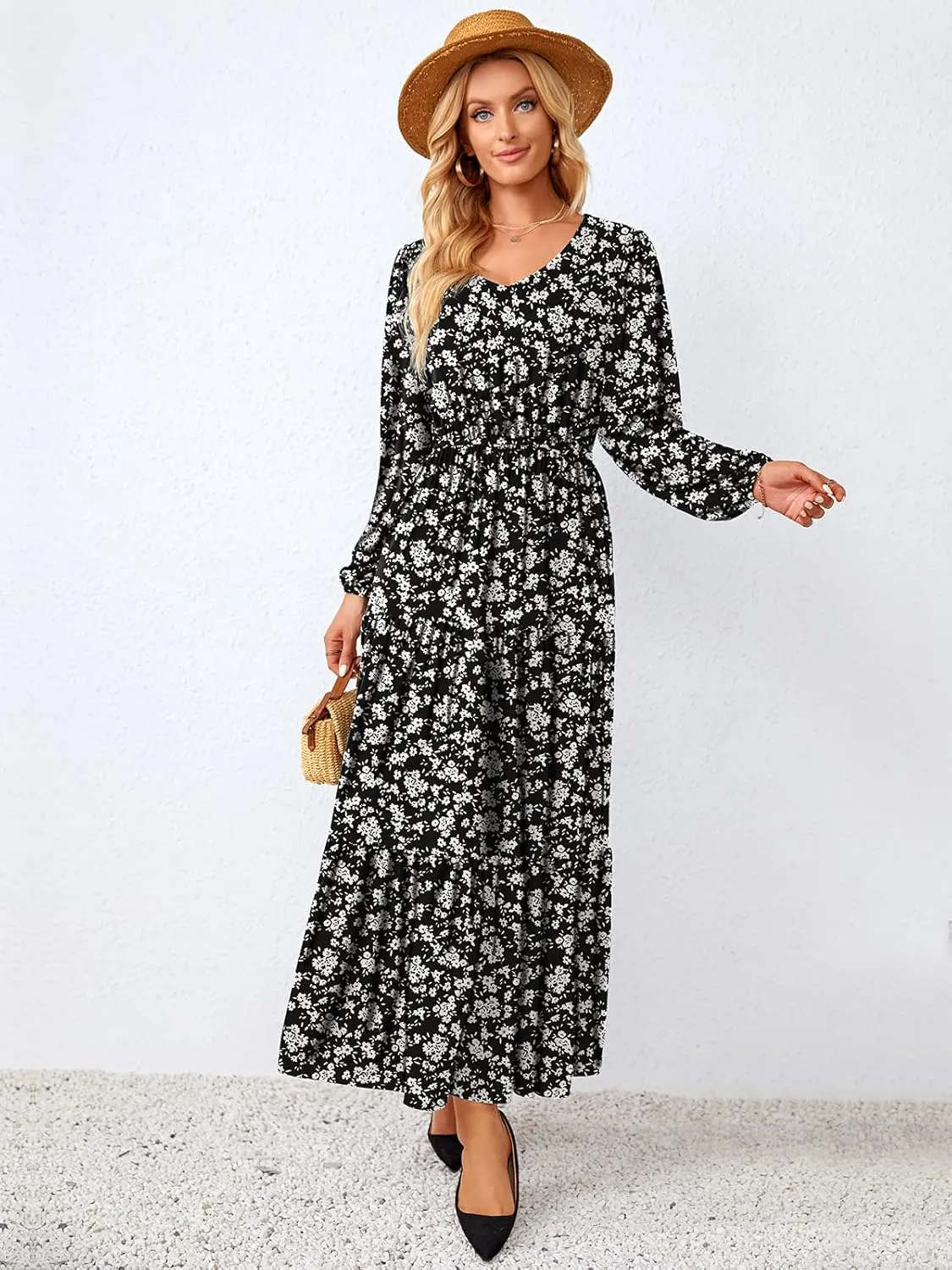 Women Long Sleeve V Neck Maxi Dress Floral Print Ruffle Tiered Dresses Fall-Winter Flowy Long Casual Tunic Dress