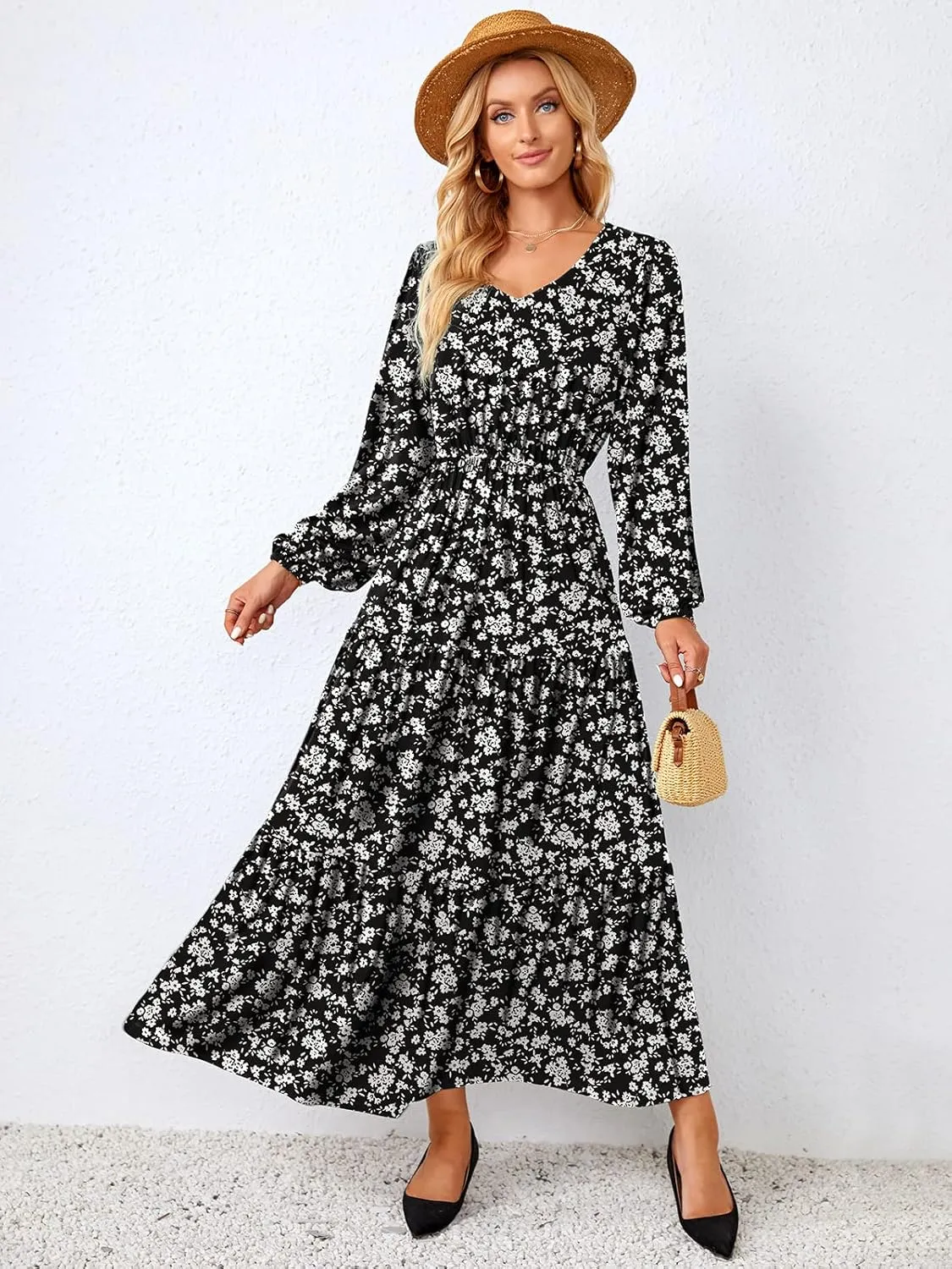 Women Long Sleeve V Neck Maxi Dress Floral Print Ruffle Tiered Dresses Fall-Winter Flowy Long Casual Tunic Dress