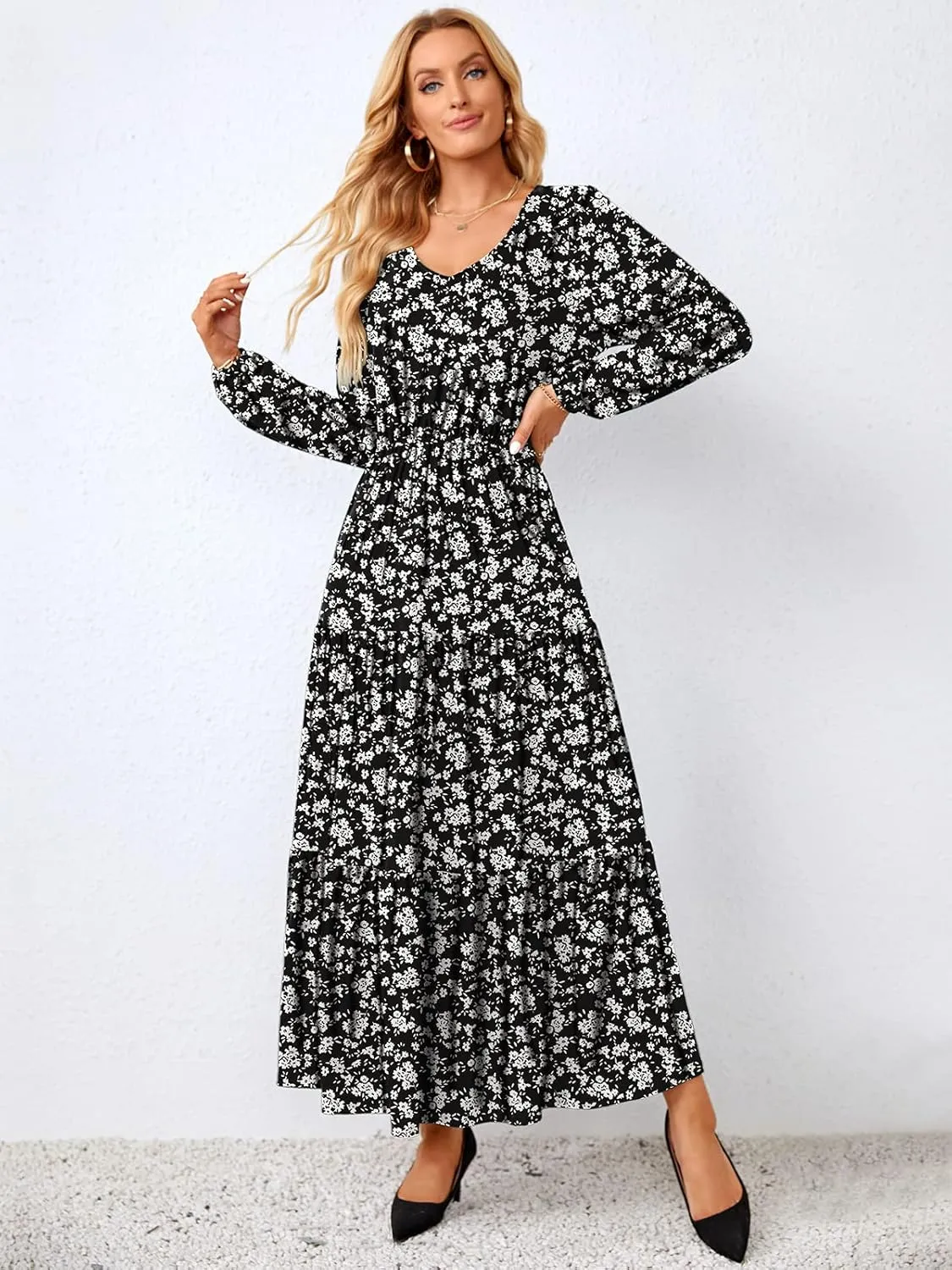 Women Long Sleeve V Neck Maxi Dress Floral Print Ruffle Tiered Dresses Fall-Winter Flowy Long Casual Tunic Dress