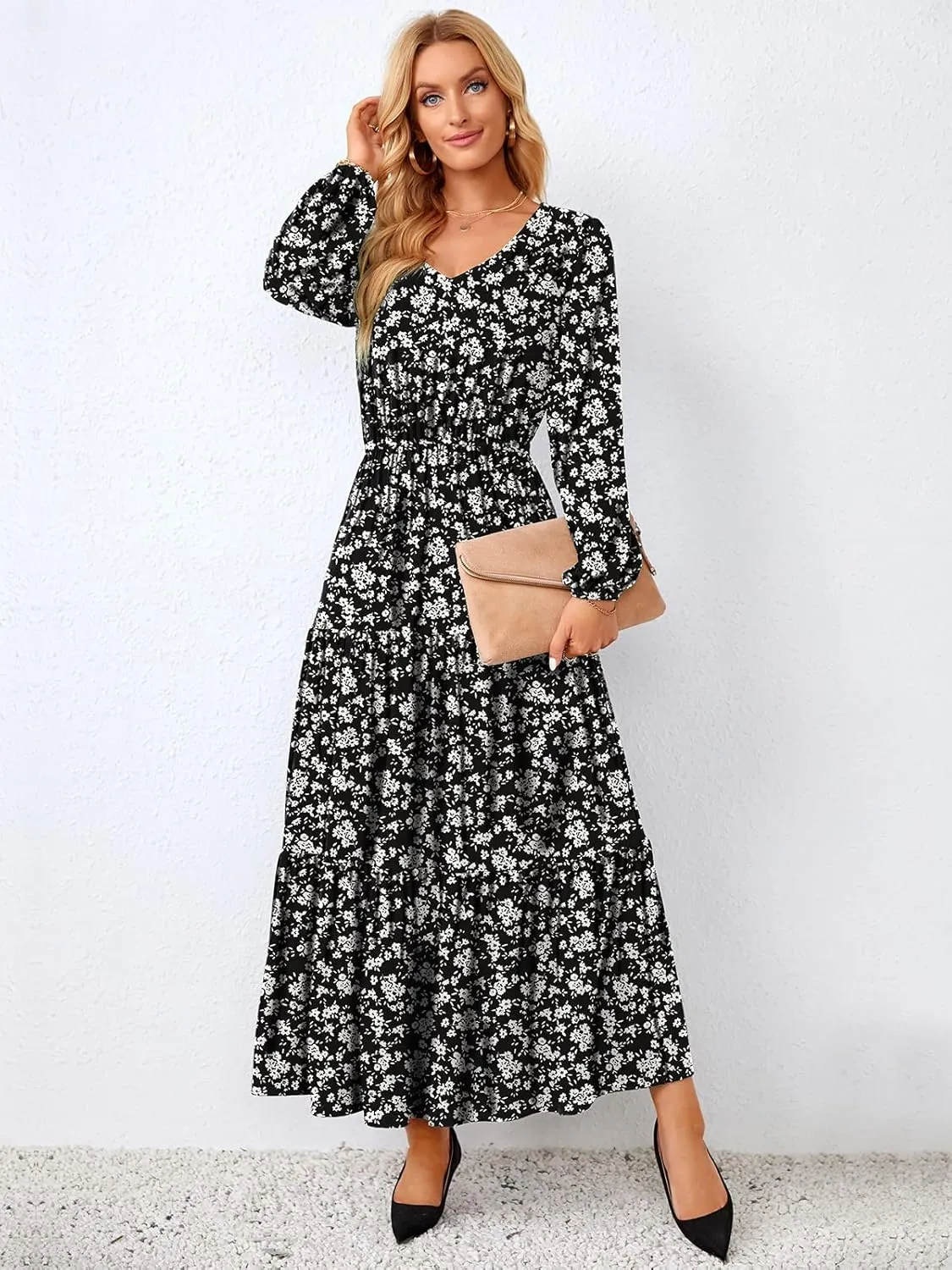 Women Long Sleeve V Neck Maxi Dress Floral Print Ruffle Tiered Dresses Fall-Winter Flowy Long Casual Tunic Dress