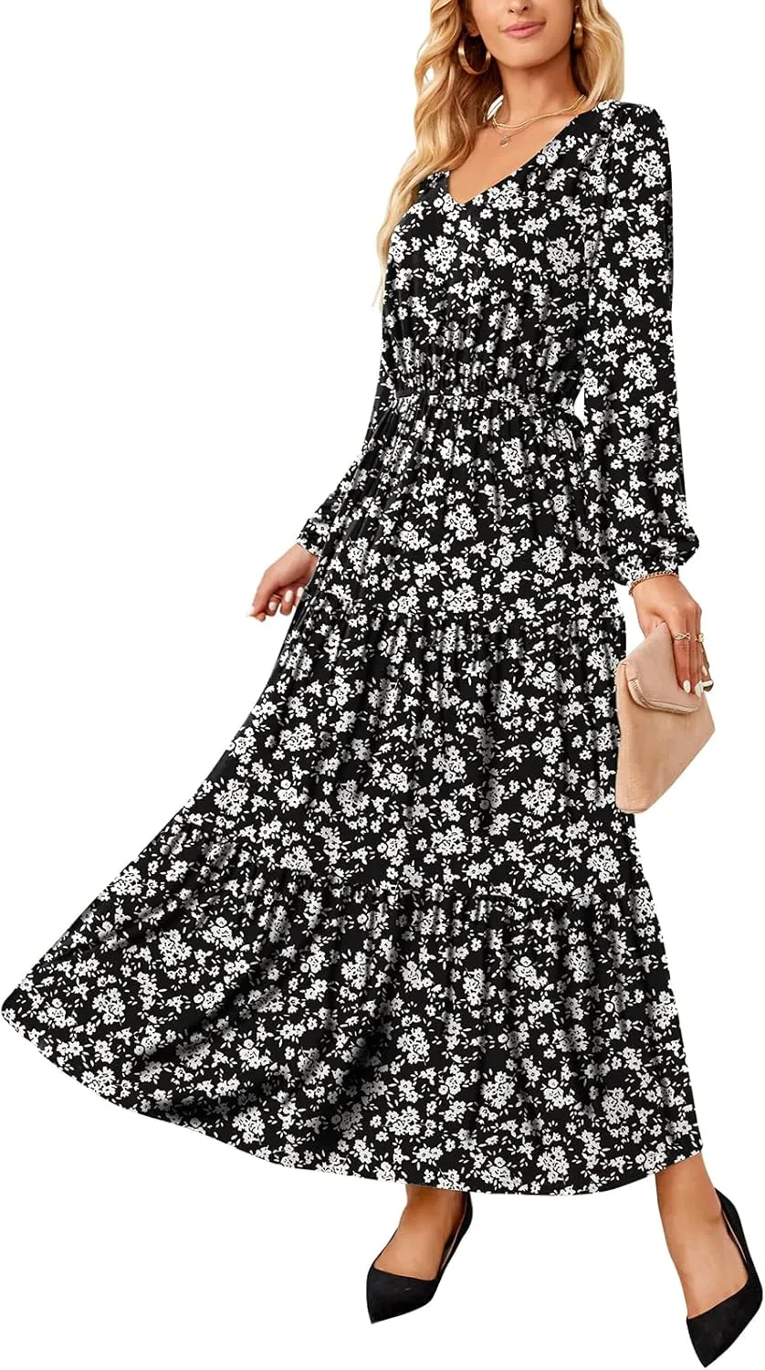 Women Long Sleeve V Neck Maxi Dress Floral Print Ruffle Tiered Dresses Fall-Winter Flowy Long Casual Tunic Dress