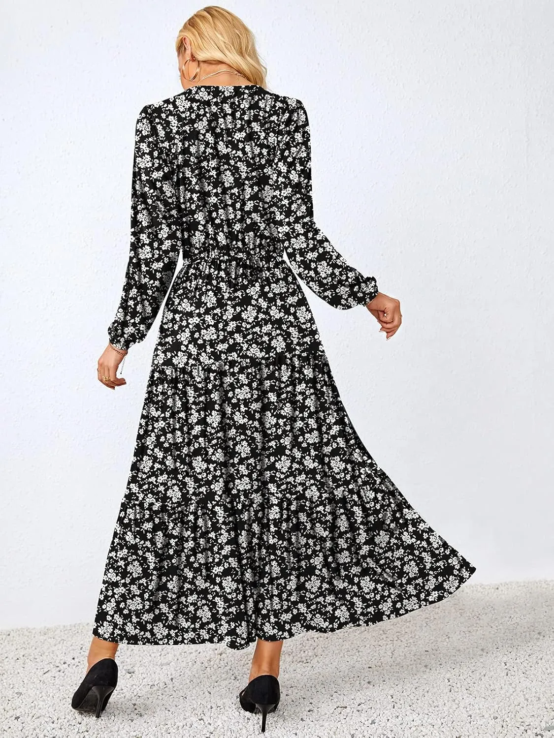 Women Long Sleeve V Neck Maxi Dress Floral Print Ruffle Tiered Dresses Fall-Winter Flowy Long Casual Tunic Dress