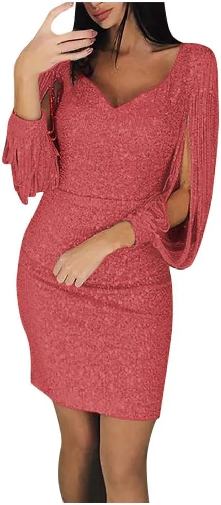 Women Sexy Hollow Tassel Sleeve Sequin Stitching Dress Stylish Glitter V Neck Bodycon Dress 2024 Club Cocktail Dress