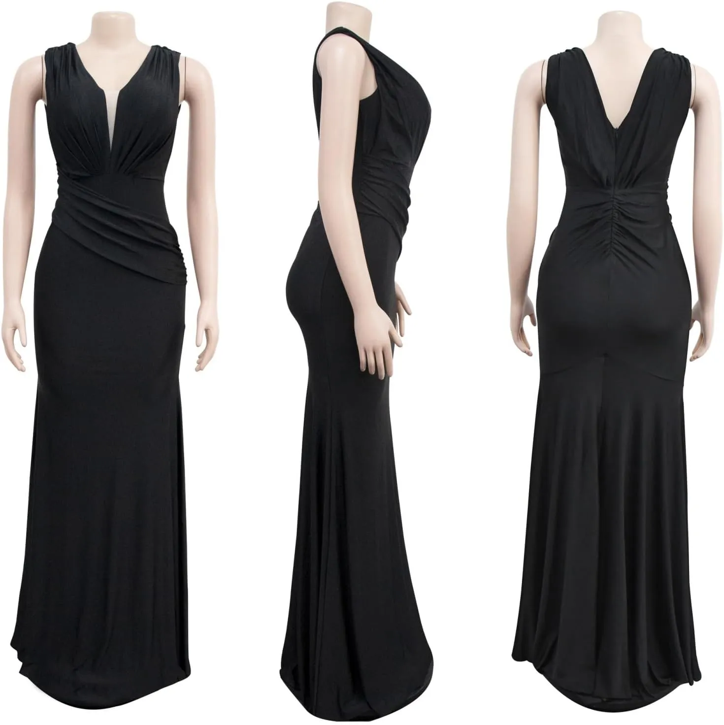 Women Sexy V Neck Wedding Guest Maxi Dress Sleeveless Flowy Ruffle Hem Bodycon Formal Evening Party Cocktail Gowns
