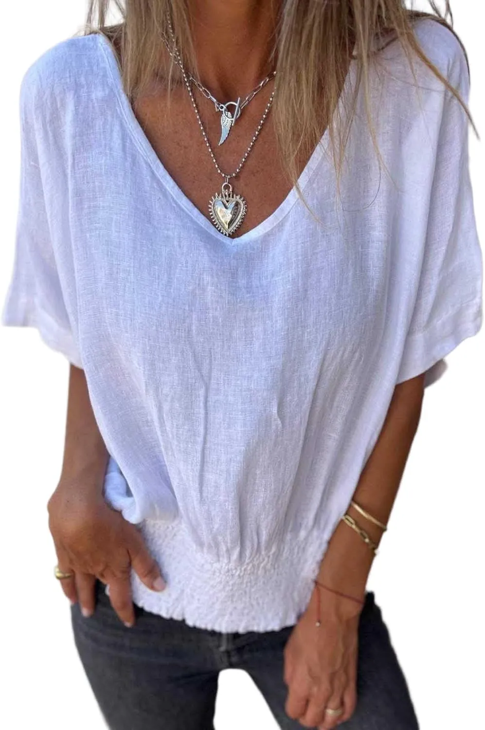 Women Solid Color Deep V-Neck Cotton and Linen T-Shirt Short Sleeve Loose Basic Tops Pleated Blouse S~2XL