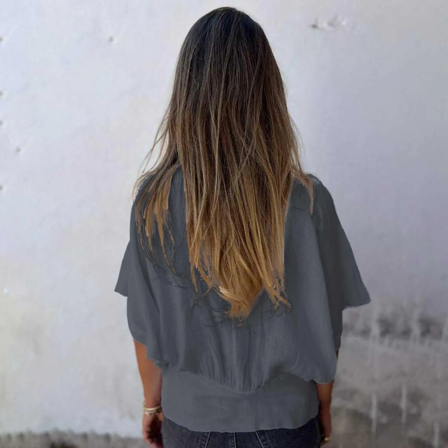 Women Solid Color Deep V-Neck Cotton and Linen T-Shirt Short Sleeve Loose Basic Tops Pleated Blouse S~2XL