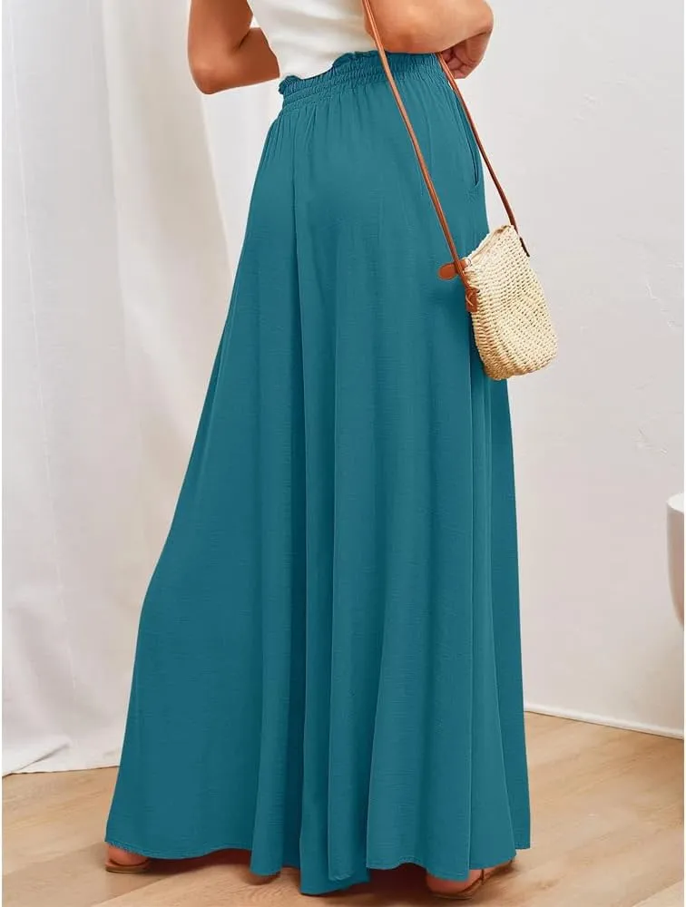 Women's Baggy Pants Flowy Casual Wide Leg Pants Elastic Drawstring High Waisted Skirt Pants Comfy Trousers