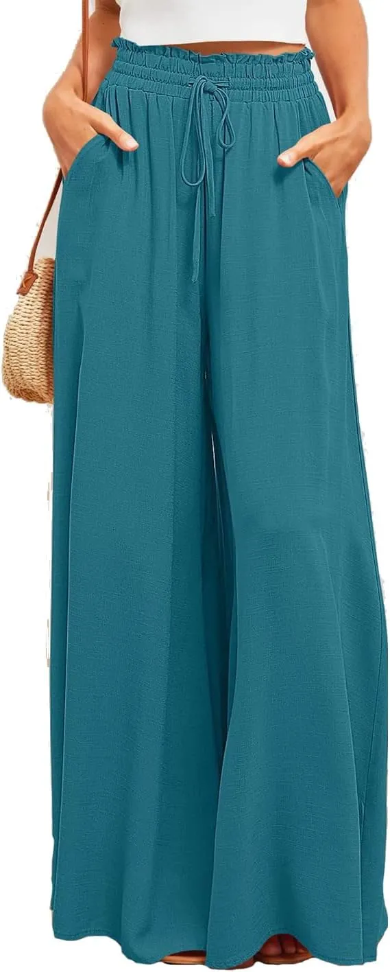 Women's Baggy Pants Flowy Casual Wide Leg Pants Elastic Drawstring High Waisted Skirt Pants Comfy Trousers