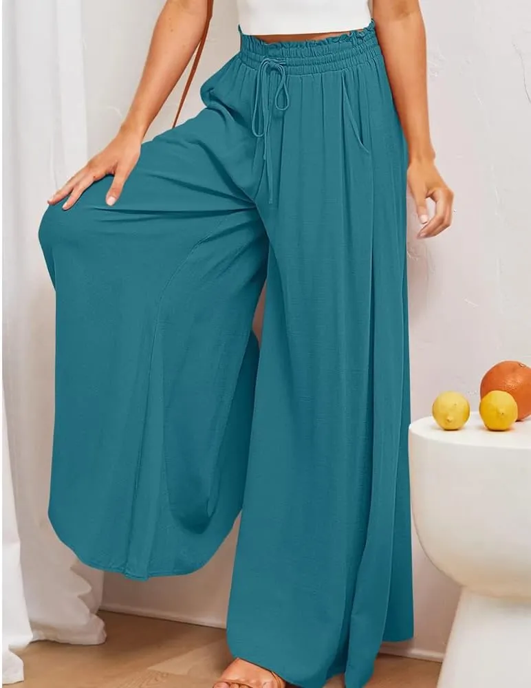 Women's Baggy Pants Flowy Casual Wide Leg Pants Elastic Drawstring High Waisted Skirt Pants Comfy Trousers