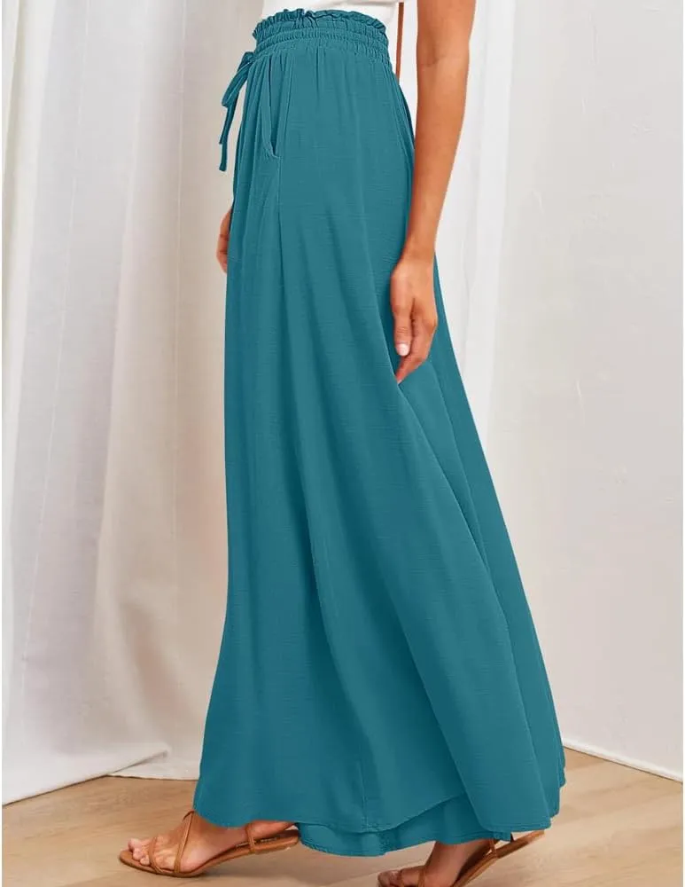 Women's Baggy Pants Flowy Casual Wide Leg Pants Elastic Drawstring High Waisted Skirt Pants Comfy Trousers