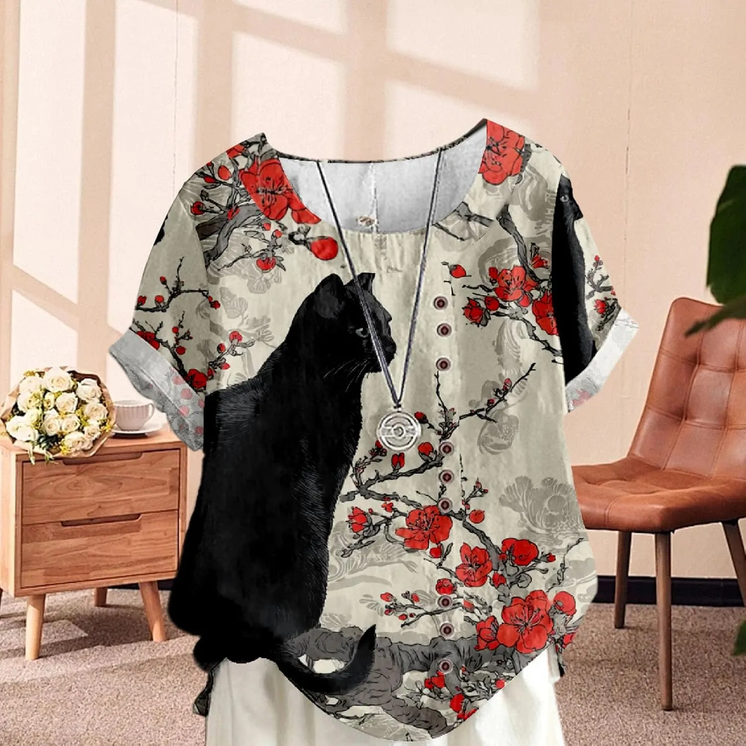 Women's Boho Floral Print Oversized Short Sleeve Blouse Ladies Crewneck Cotton Linen Blend Casual Button Tunic Tops