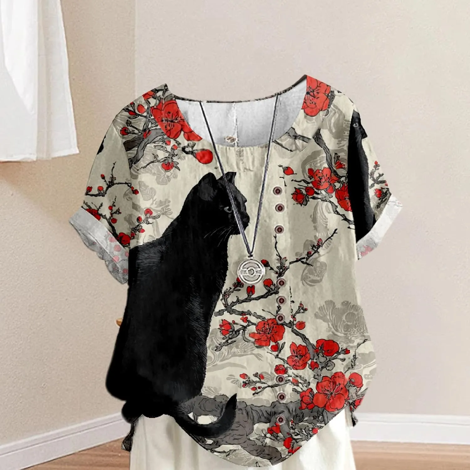 Women's Boho Floral Print Oversized Short Sleeve Blouse Ladies Crewneck Cotton Linen Blend Casual Button Tunic Tops
