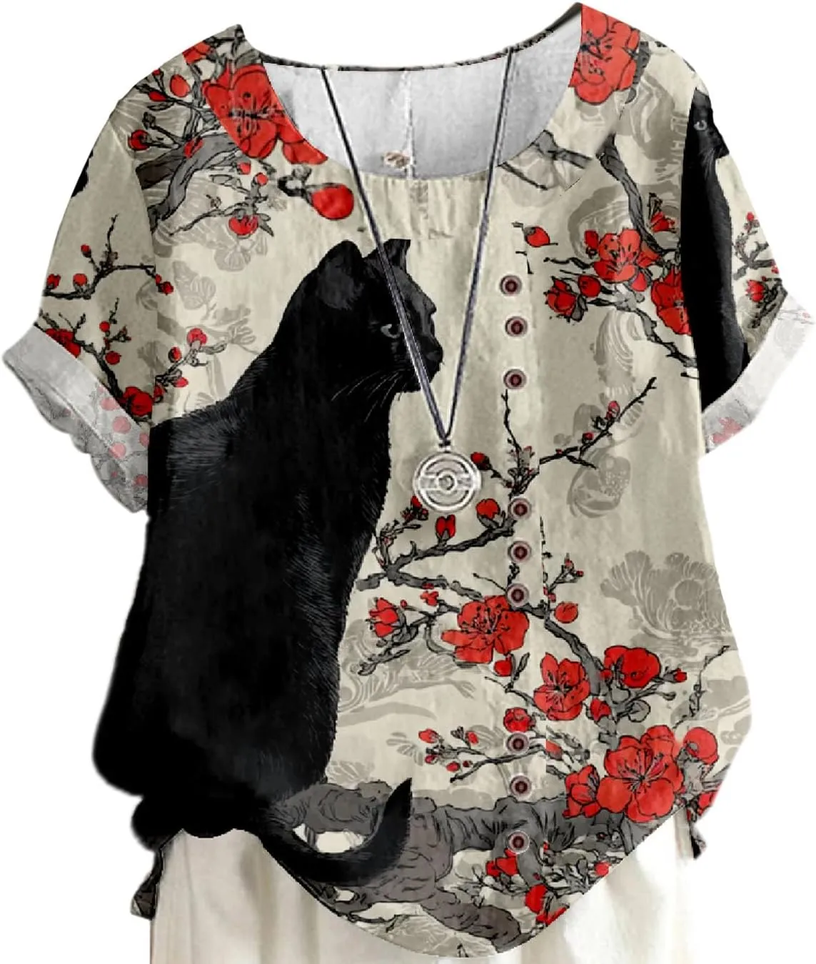Women's Boho Floral Print Oversized Short Sleeve Blouse Ladies Crewneck Cotton Linen Blend Casual Button Tunic Tops