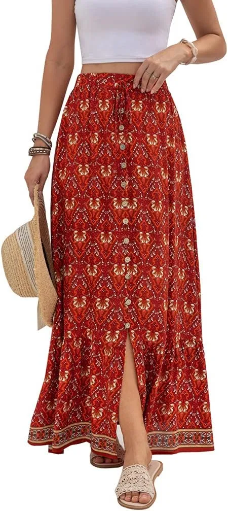 Women's Boho Maxi Skirt Vintage Floral Print Elastic High Waist Split A Line Long Skirts
