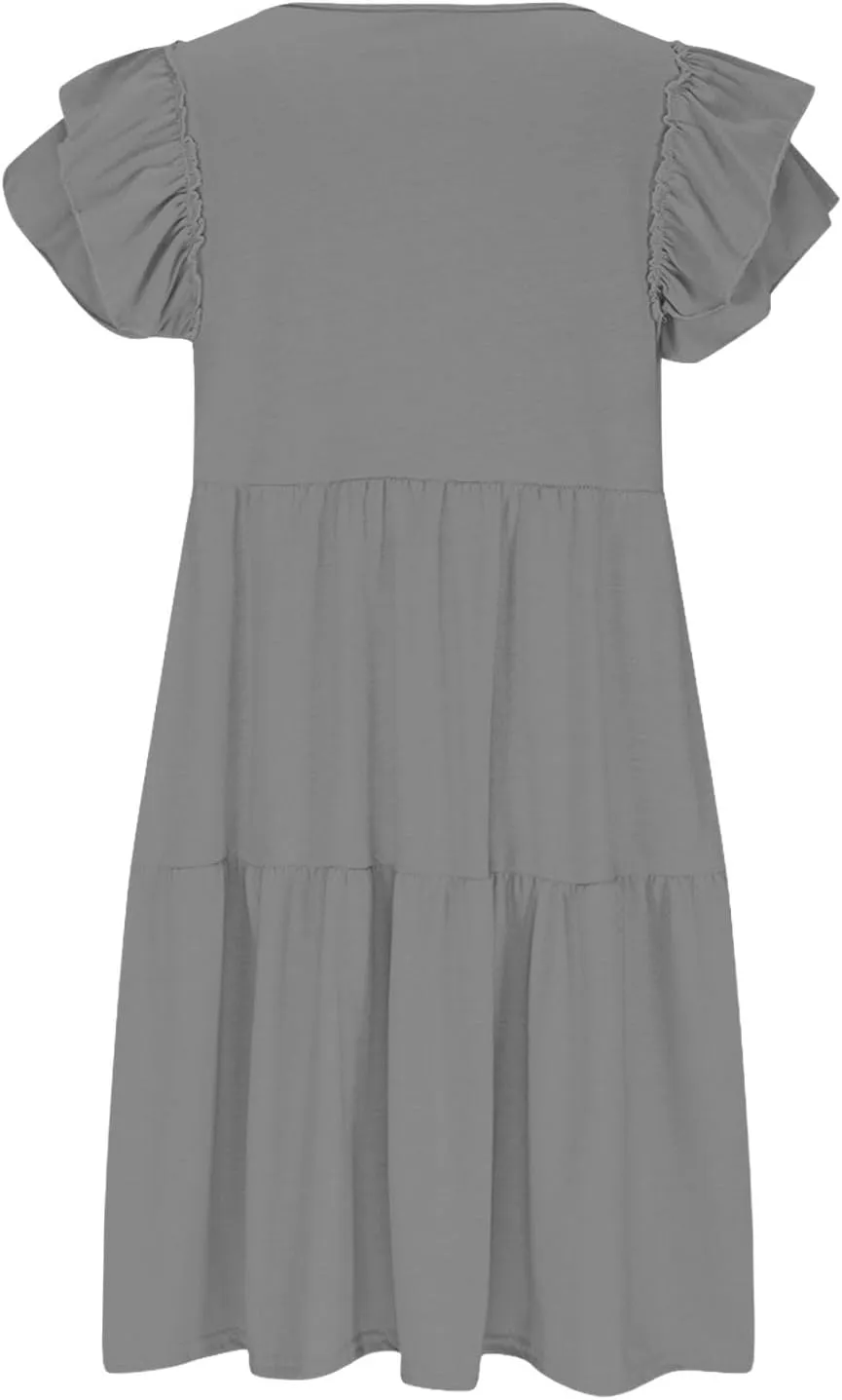 Women's Casual Dresses 2025 Summer Ruffle Sleeve Tiered Cute Short Sundresses Beach Vacation Loose V-Neck Dress